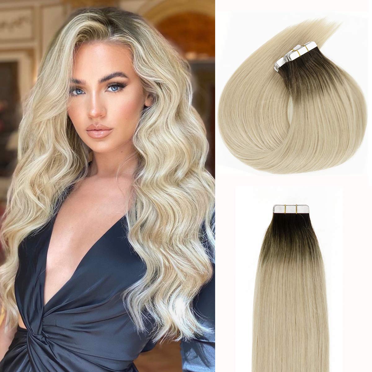 Anrosa Hair Extensions Tape In Double Sided Real Skin Weft 20Pcs 50G Platinum Ash Blonde With Darkest Brown Base Color 14Inch Re