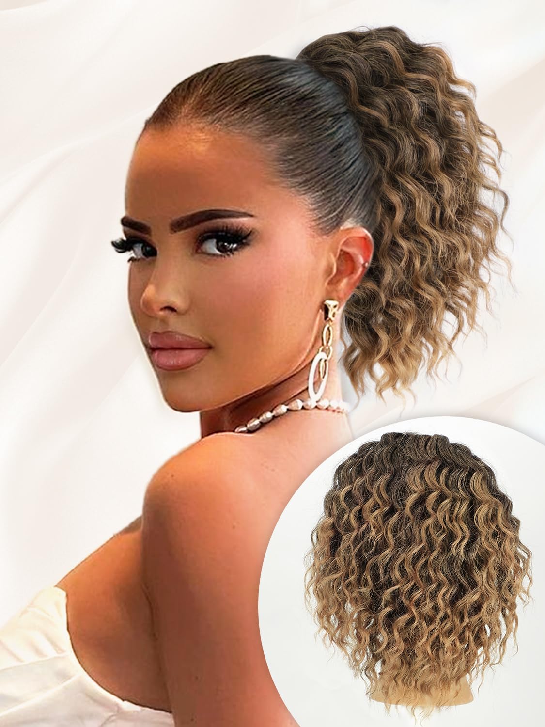 ALXNAN Wavy Curly Ponytail Extension, 8'' Ombre Brown to Blonde Drawstring Ponytail for Black Women Short Soft Natural Synthetic