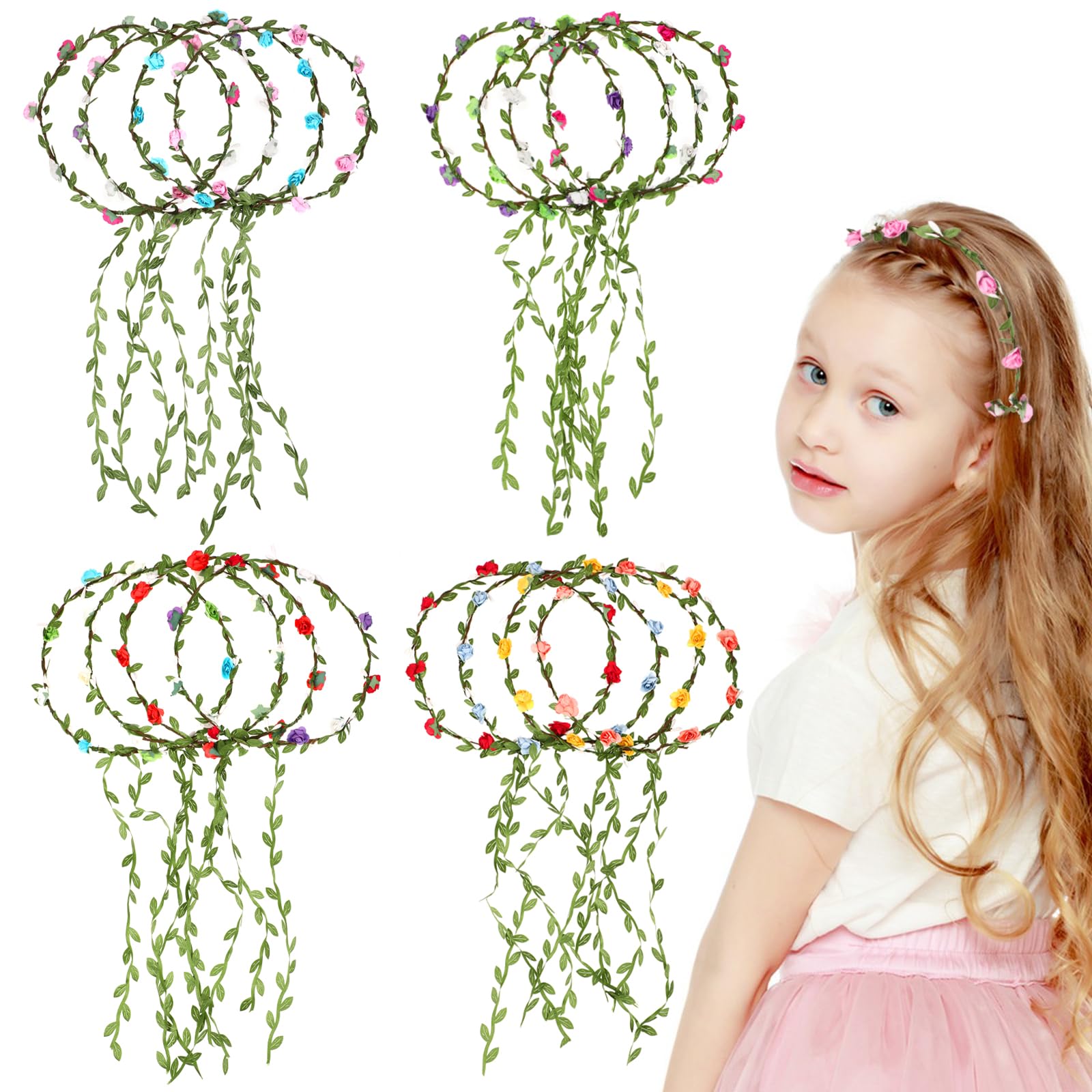 MAQUITA 16Pcs Assorted Colored Flower Crown Wreath Flower Crowns for Women Girl Headband Floral Garland Headbands Floral Crown H