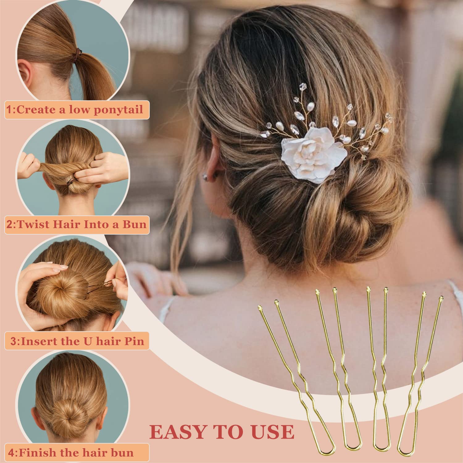 Aitrai 200Pcs Blonde Hair Pins, Includes 100Pcs Gold Bobby Pins And 100Pcs U-Shaped Hair Pins For Bun, 2.4 Inch