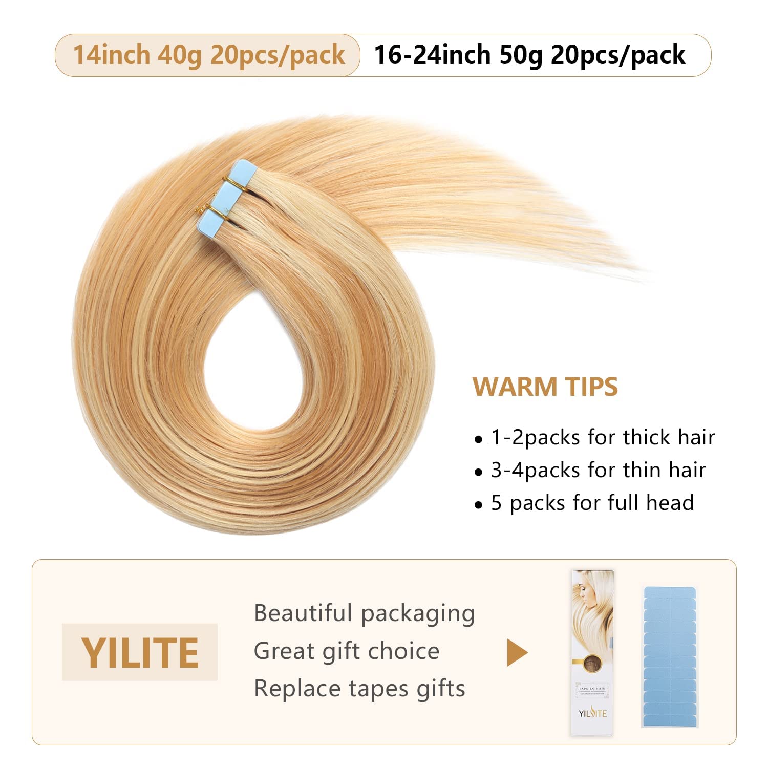 Yilite Tape In Human Hair Extensions 24 Inches 50G 20Pcs Strawberry Blonde #27 Highlighted Bleach Blonde #613 Piano Color, #P27/