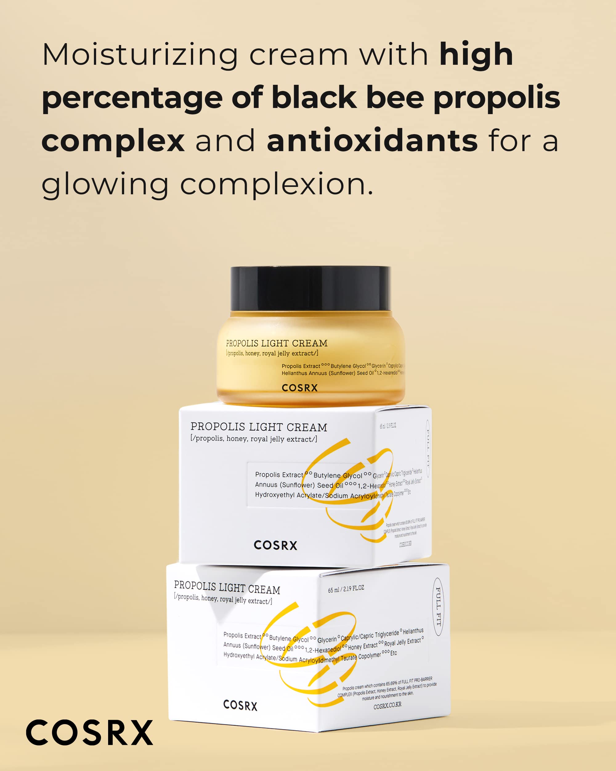 Cosrx Full Fit Propolis Light Cream, 2.19 Fl.Oz / 65Ml, Propolis 64.5%, Hydrating Daily Day And Night Moisturiser, Korean Skin C