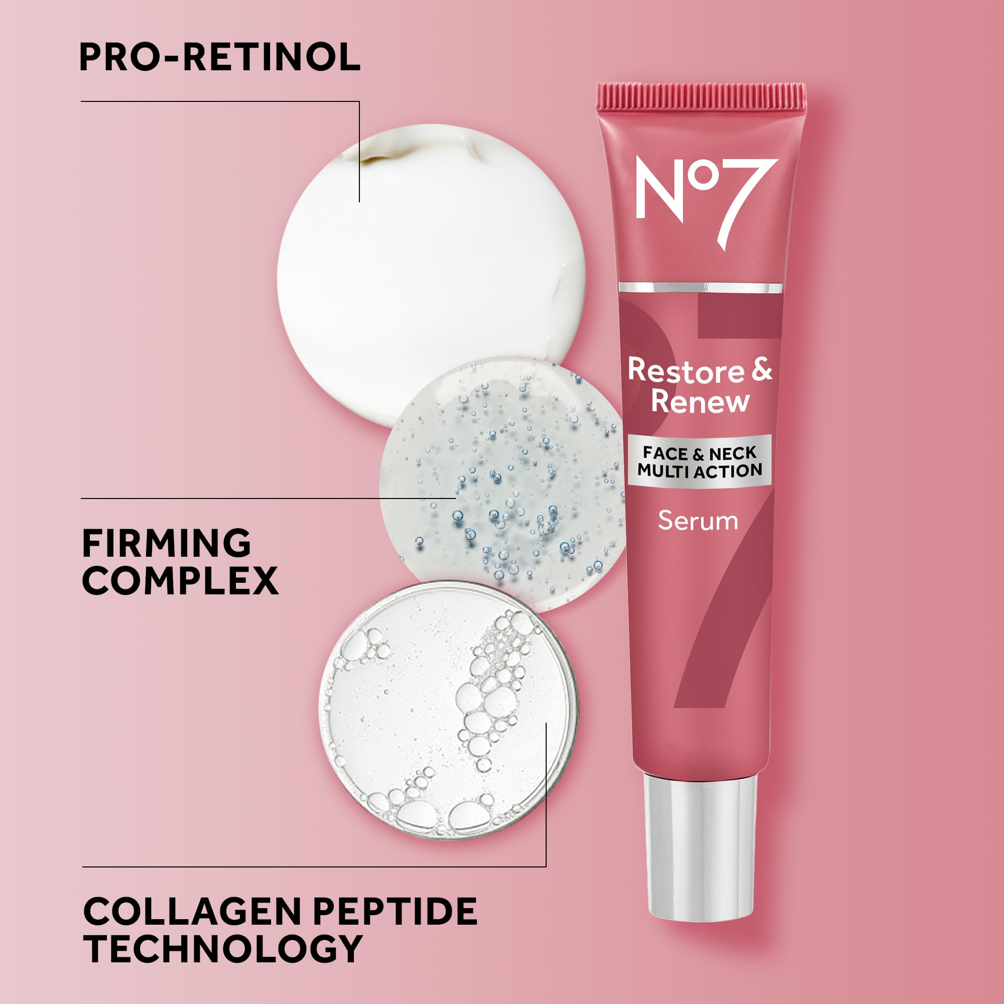 No7 Restore & Renew Face & Neck Multi Action Serum - Collagen Peptide Anti Aging Facial Serum - Hyaluronic Acid Hydrating Serum