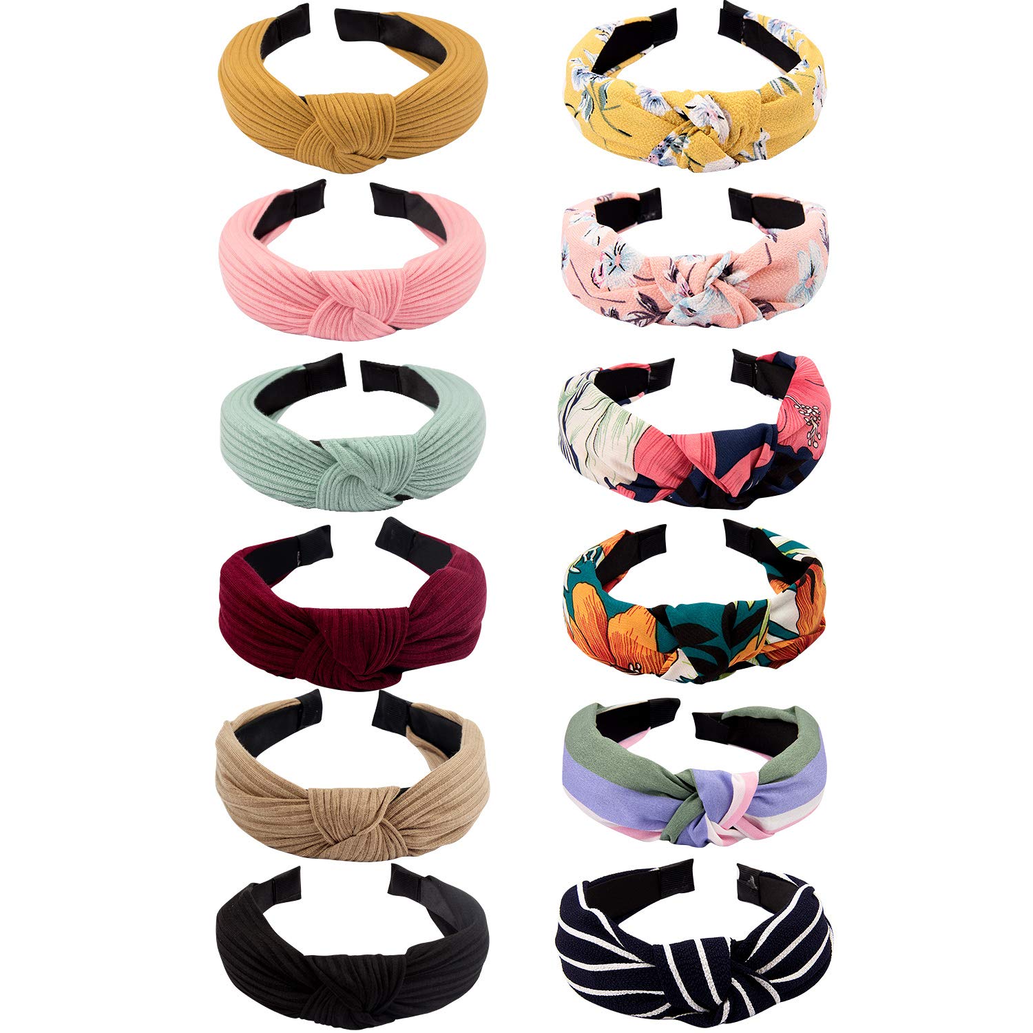 VELSCRUN 12 Pcs Womens Headbands Knotted Headbands for Women Wide Headbands Boho Bandeau Knot Turban Headband Hair Band Elastic 