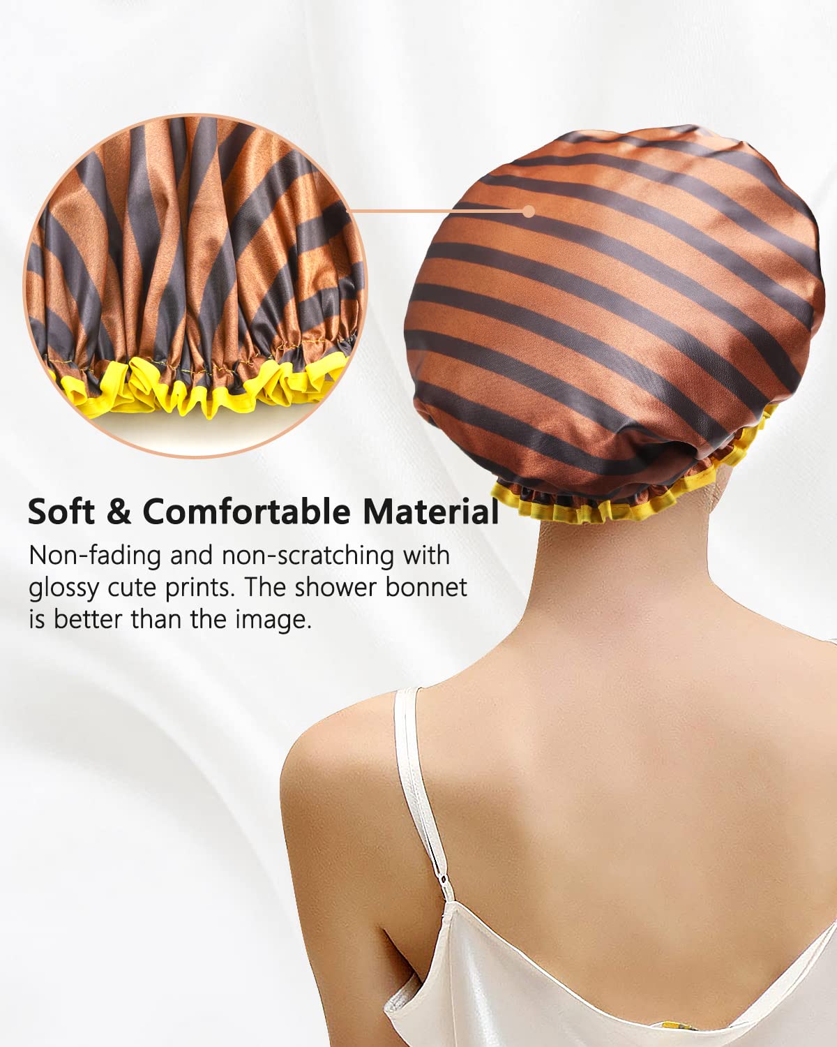 Mikimini Shower Cap For Women And Men,2 Pack Double Waterproof Shower Cap For Girls And Kids, Reusable, Washable, Golden Stripes
