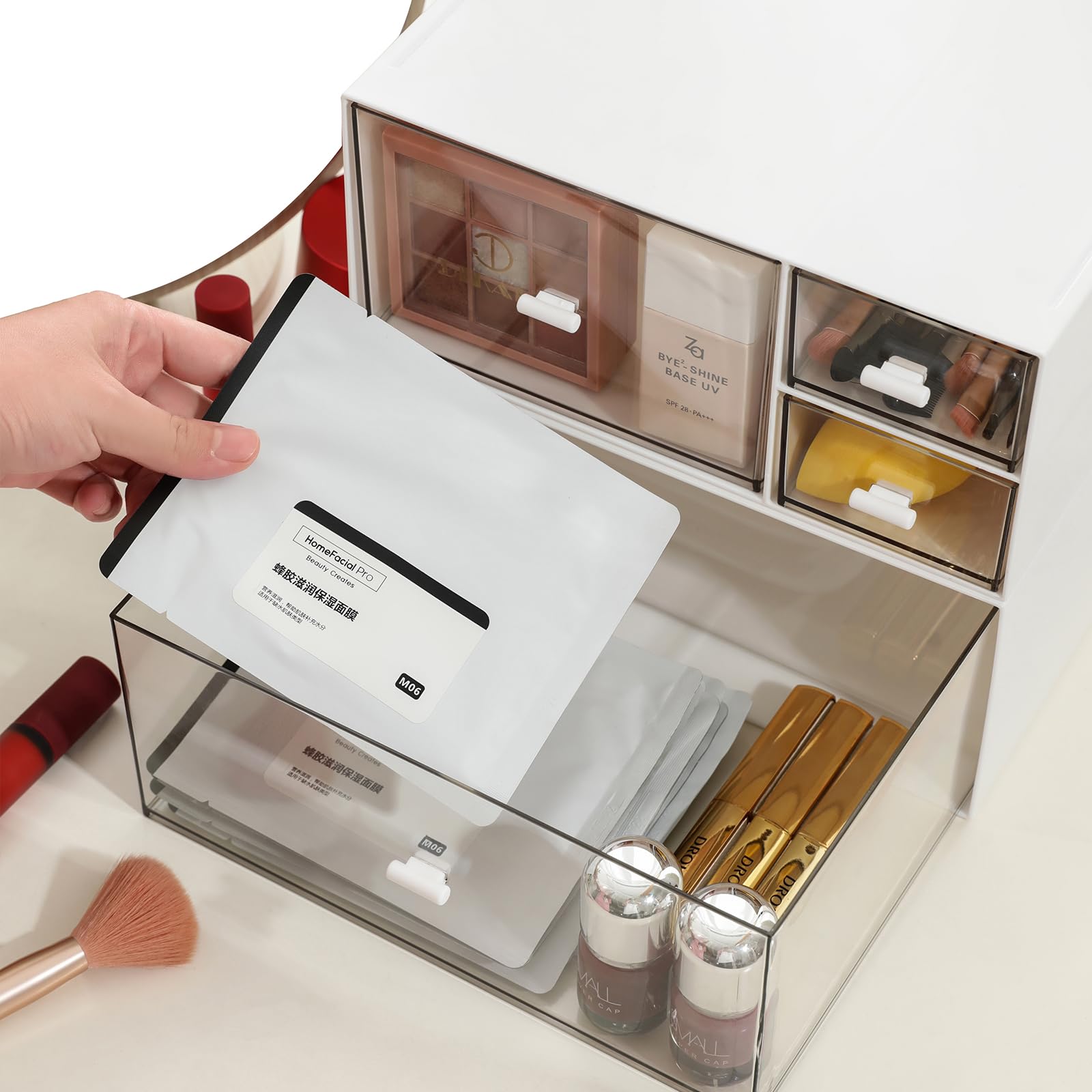MILULUGO Desk Organizer - 4 Drawer Makeup & Cosmetics Storage Box, Plastic, White, Model G2G56/77