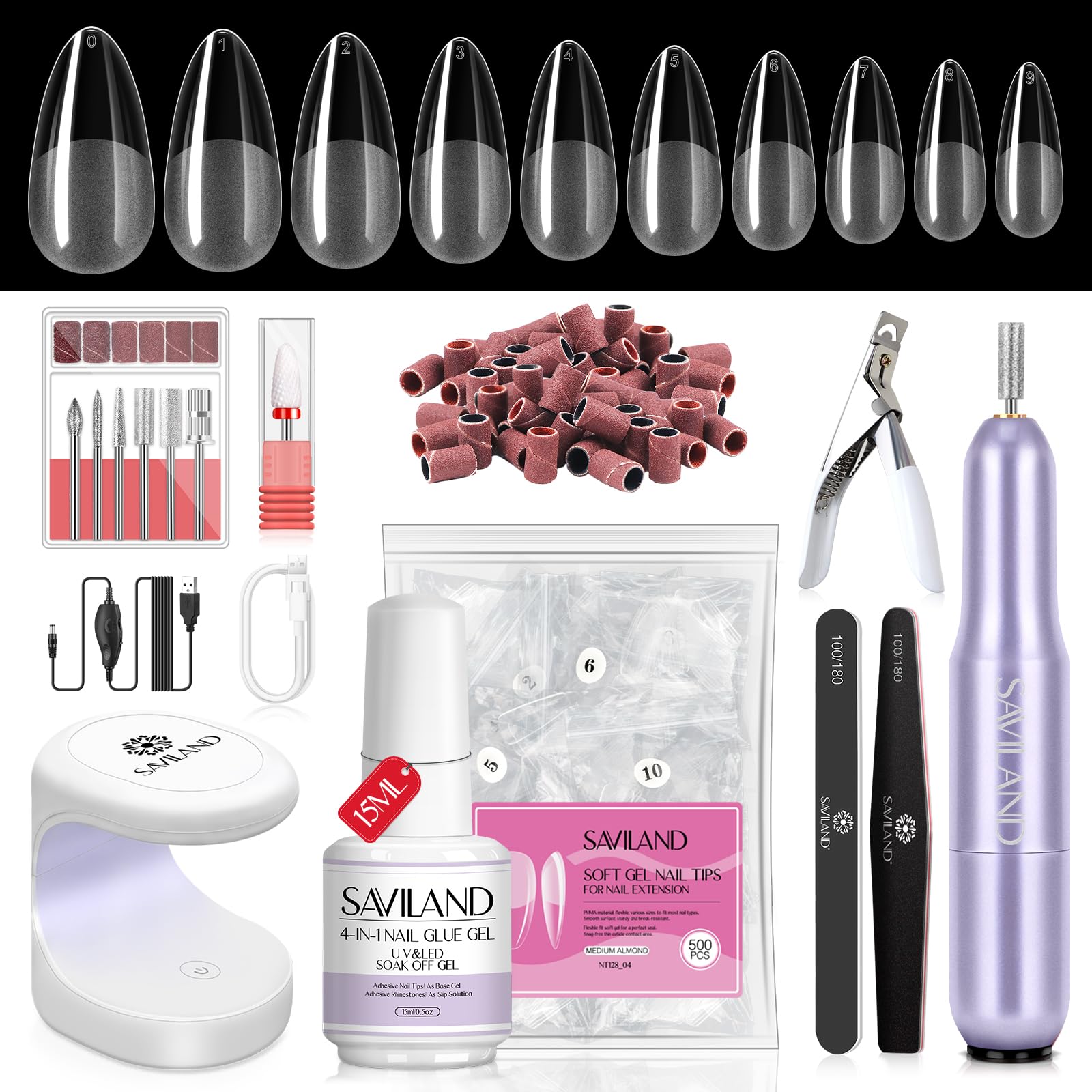SAVILAND Almond Gel X Nail Kit - Nail Drill Kit U V Lamp for Nail 500PCS Nail Tips and Glue Gel Kit Easy Use Manicure Tool for N