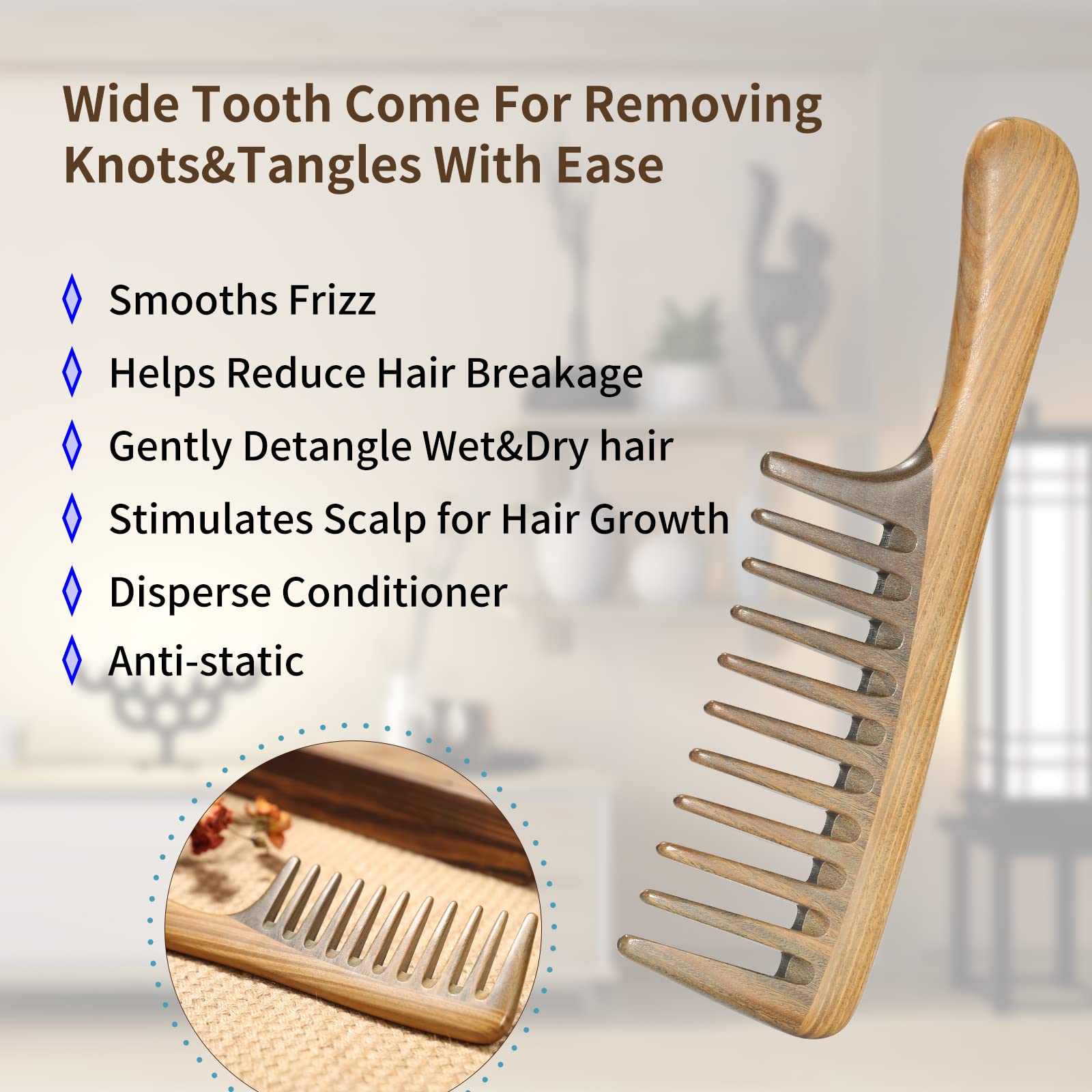 BESTOOL Wide Tooth Comb, Extra Large Natural Sandalwood Wide Tooth Comb Detangler for Curly Long Thick Wet or Dry Hair Anti-stat
