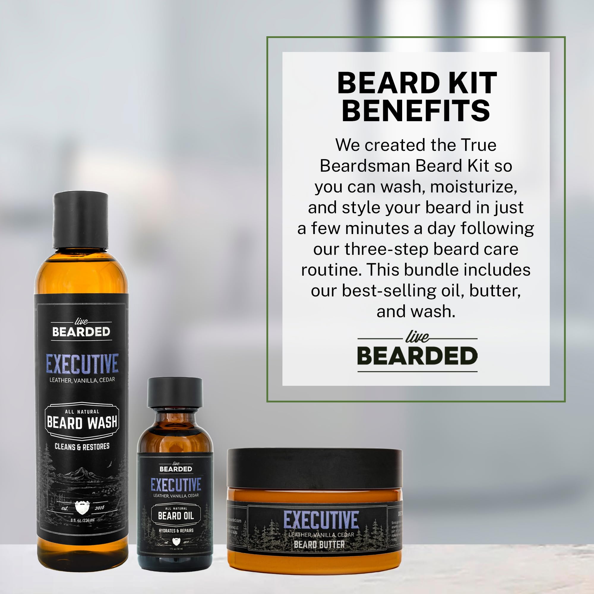 Live Bearded: 3-Step Beard Grooming Kit - Executive - Beard Wash, Beard Oil And Beard Butter - All-Natural Ingredients With Shea