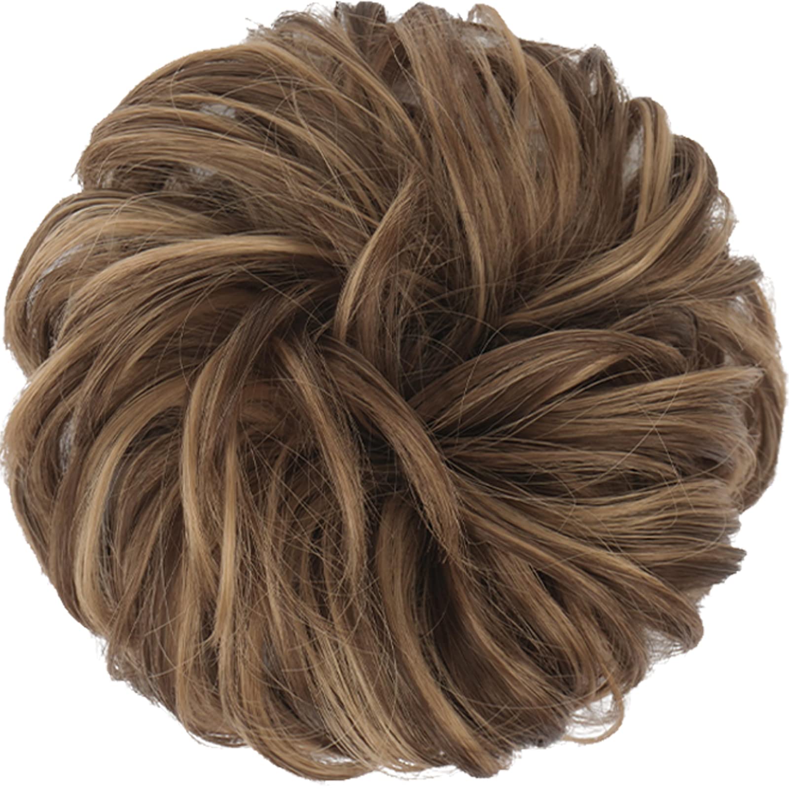 FESHFEN Messy Bun Hair Piece Curly Wavy Large Hair Bun Scrunchies Extensions Light Ash Brown Mixed Golden Brown Synthetic Tousle