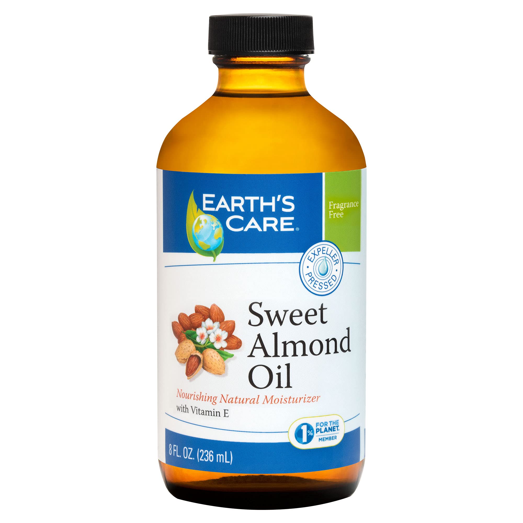 Earths Care Sweet Almond Oil - Expeller Pressed Almond Oil for Skin and Hair, Glass Bottle, 8 FL. OZ.