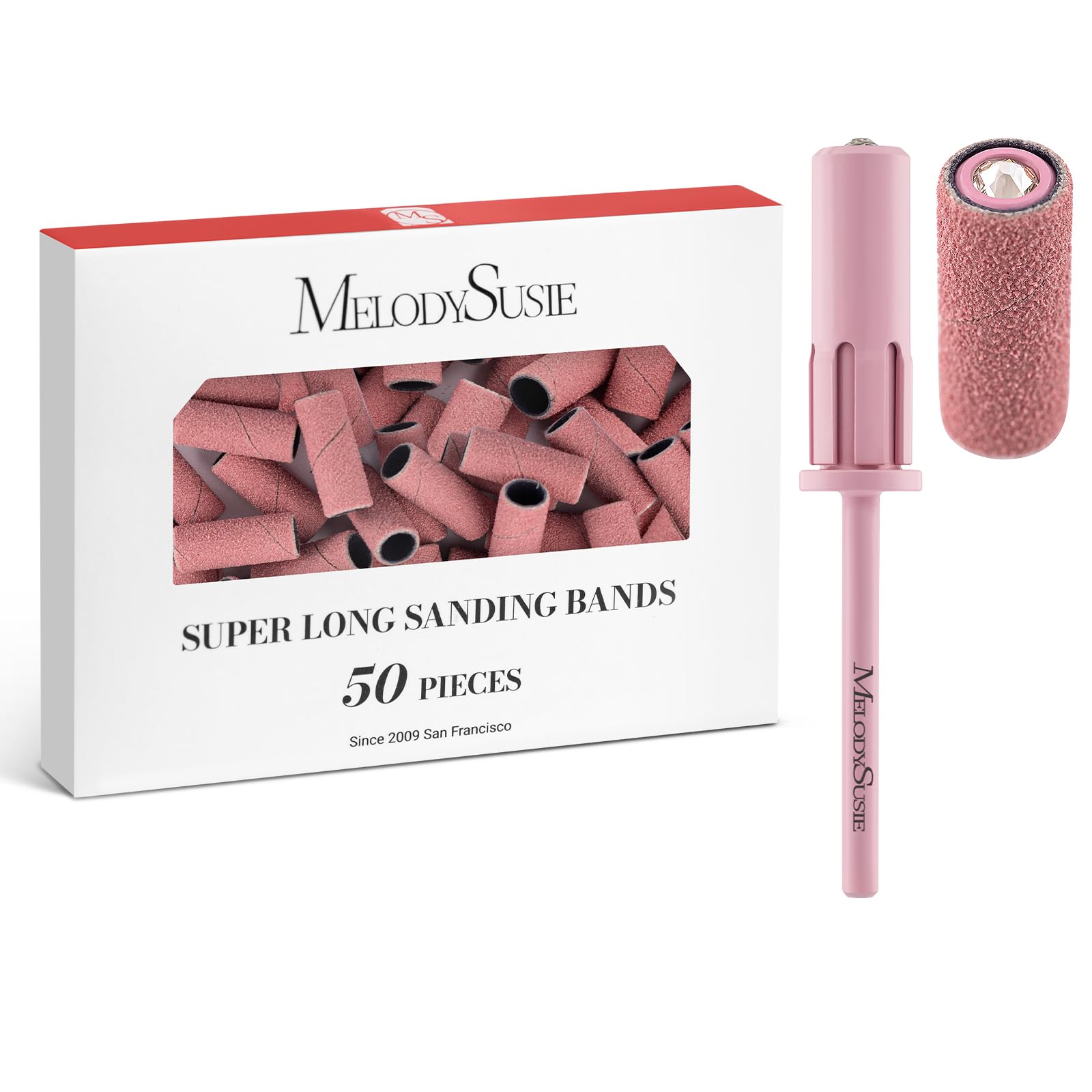 MelodySusie 50 Pcs Nail Drill Bits Super Long Sanding Bands with 6.65mm Crystal Mandrel Bit, 120 Medium Grit Nail File for Acryl