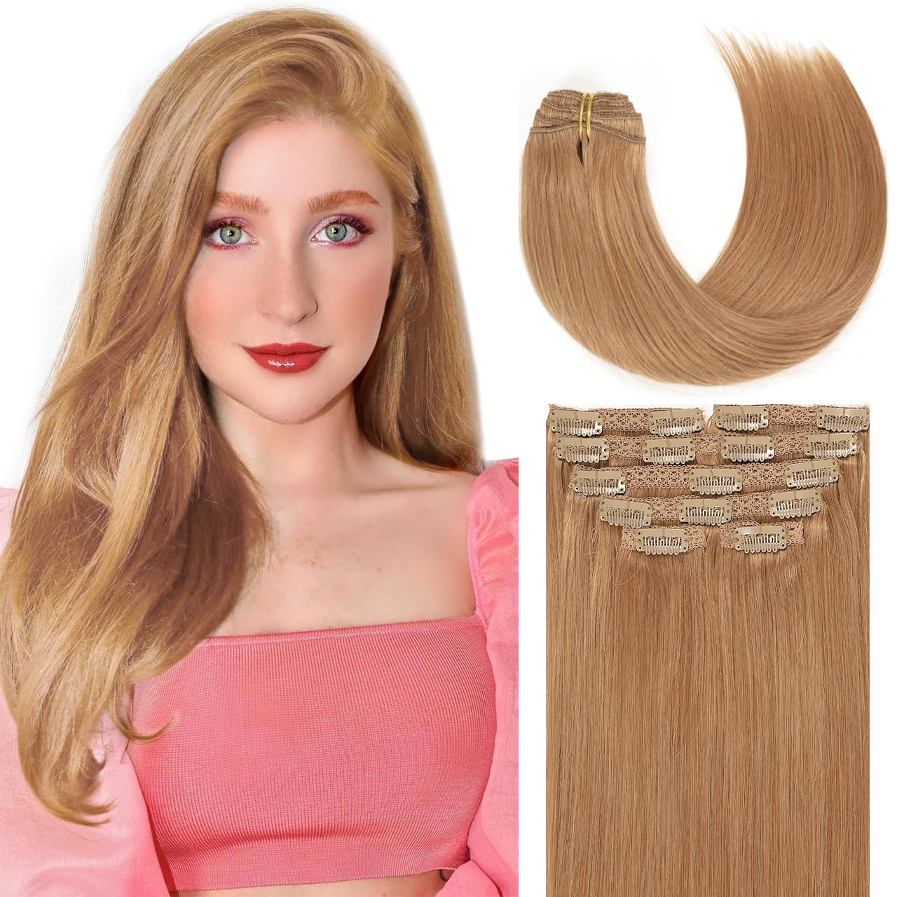 Lacer Clip in Hair Extensions Human Hair Silky Straight Thick Remy Hair Extensions Auburn Brown Color Clip In Human Hair Metal C