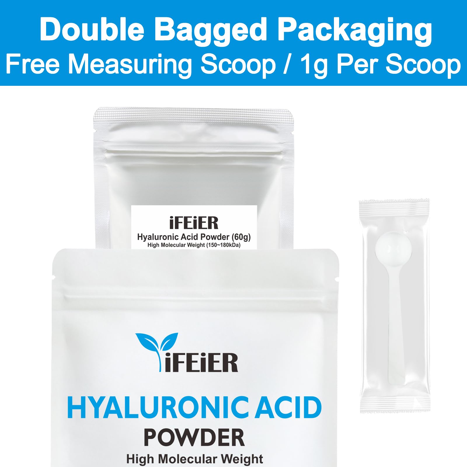 iFEiER Hyaluronic Acid Powder | High Molecular Weight Hyaluronic Acid Serum Powder | 60g(2.12oz) Cosmetics Grade | Sodium Hyalur