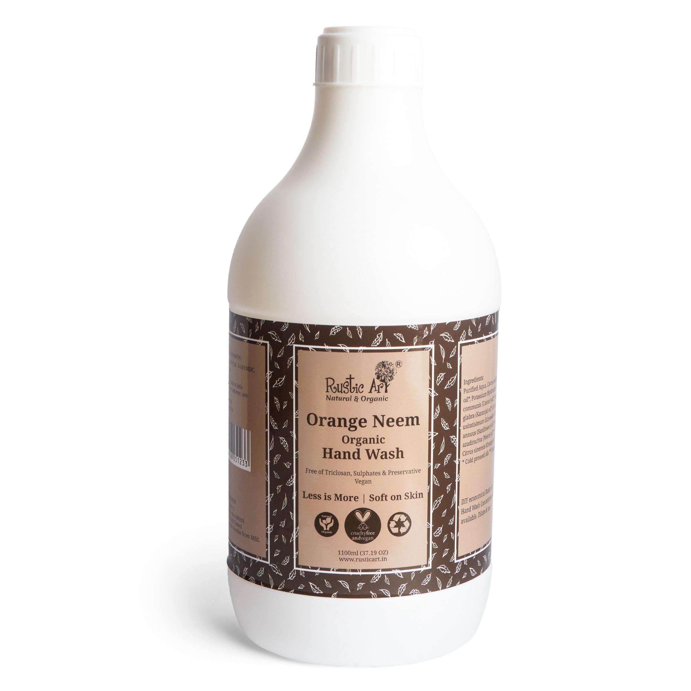 Rustic Art Orange Neem Hand Wash Refill | Ready-To-Use | Natural & Vegan | Family Size | 1100Ml | Eco-Friendly Bulk Pack