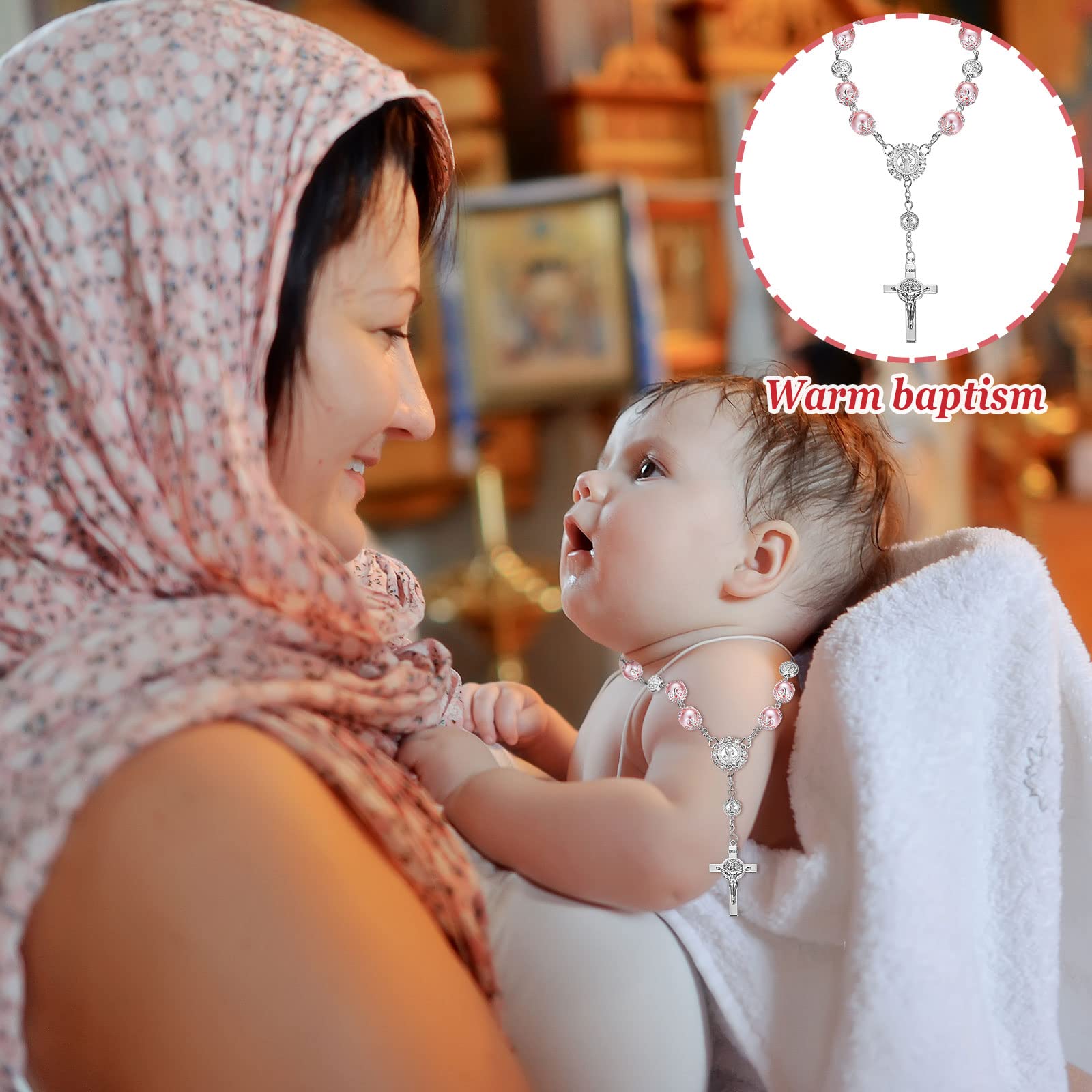 Tudomro 24 Pieces Baptism Rosary Pink Glass Rosary Beads Finger Baptism Rosaries Faux Pearls for Baptism Favors Christening Favo