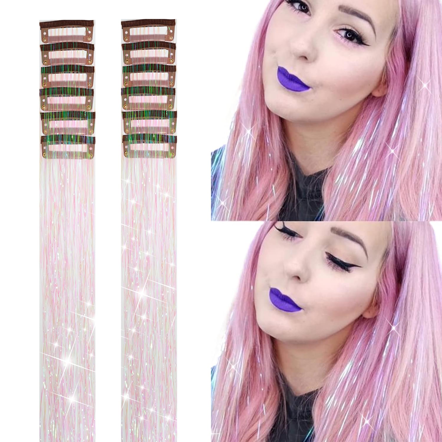 YOOONXI 12Pcs Hair Tinsel Clip in 19.6Inch Glitter Tinsel Hair Extensions Clip in Hair Tinsel Kit Heat Resistant Shiny Sparkle F