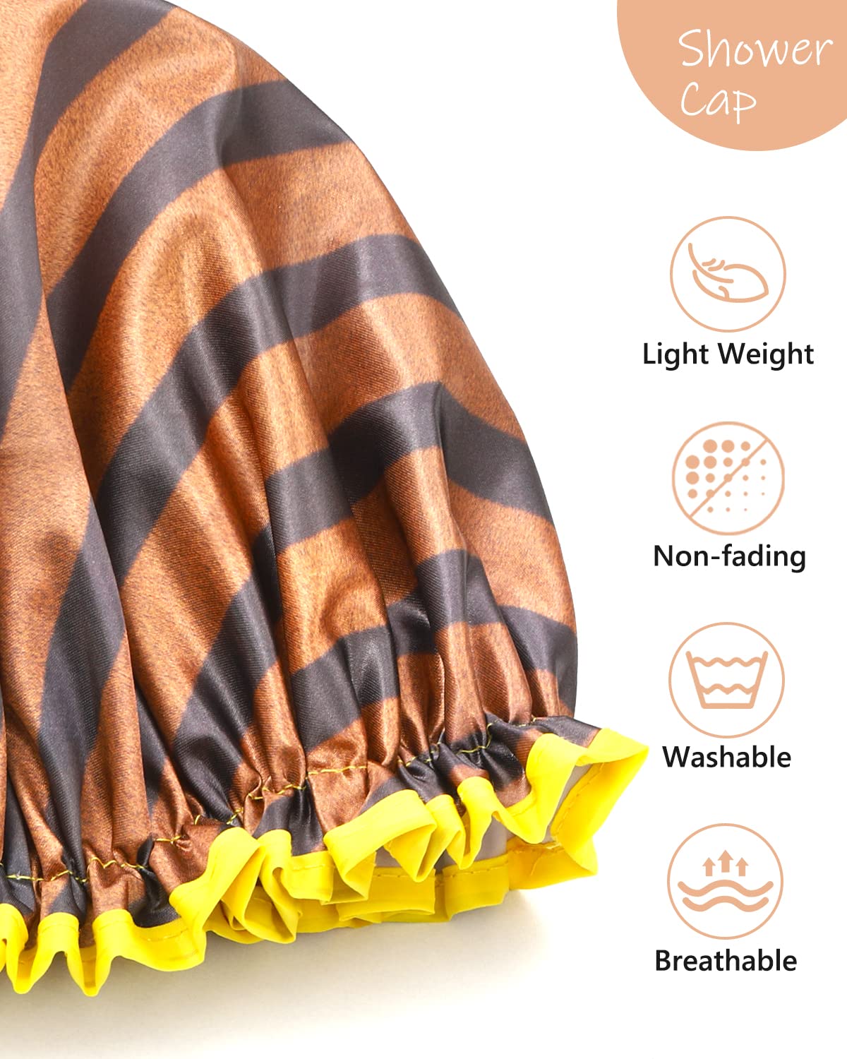 Mikimini Shower Cap For Women And Men,2 Pack Double Waterproof Shower Cap For Girls And Kids, Reusable, Washable, Golden Stripes