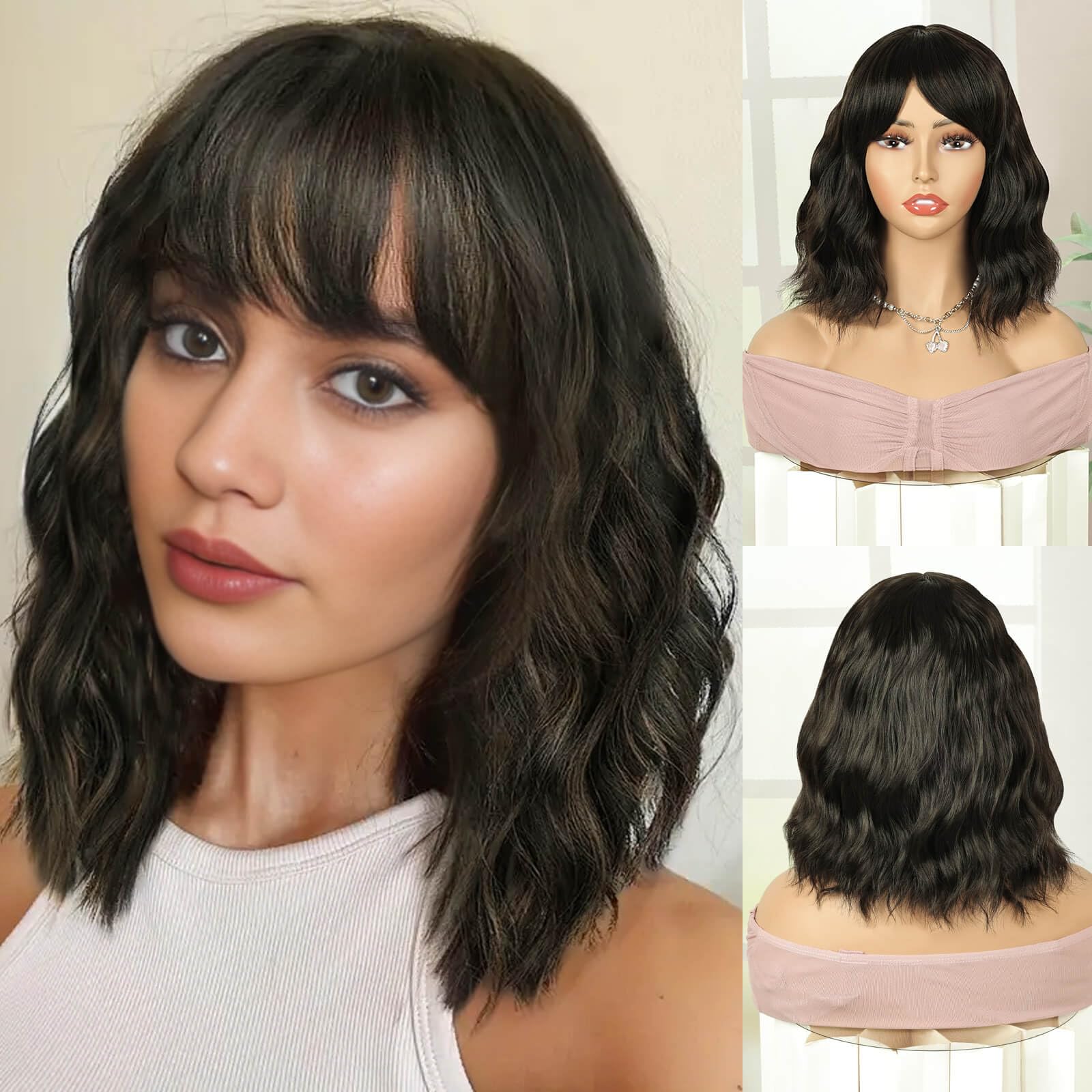Creamily Short Dark Brown Hair Wig For Women Girls Full Head,Wavy Bob Wig For Chemo Patient,Natural Synthetic Shoulder Length Wi