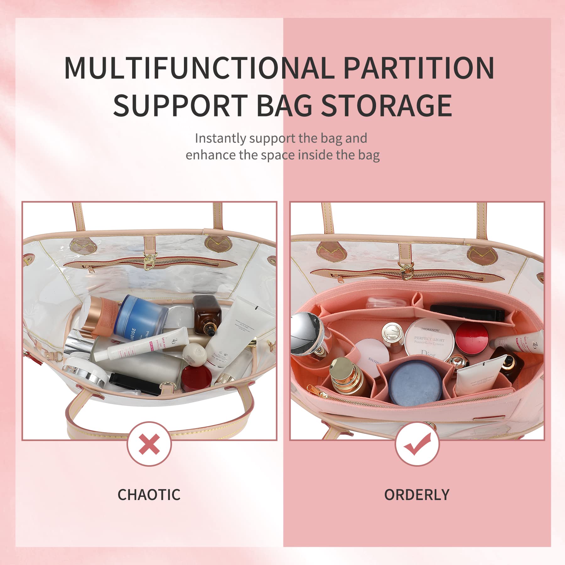 Doxo Purse Organizer Insert & Base Shaper 2pc Set, Felt Handbag & Tote Bag Fit L Speedy 30 Nererfull PM More(Pink,Medium-Combina