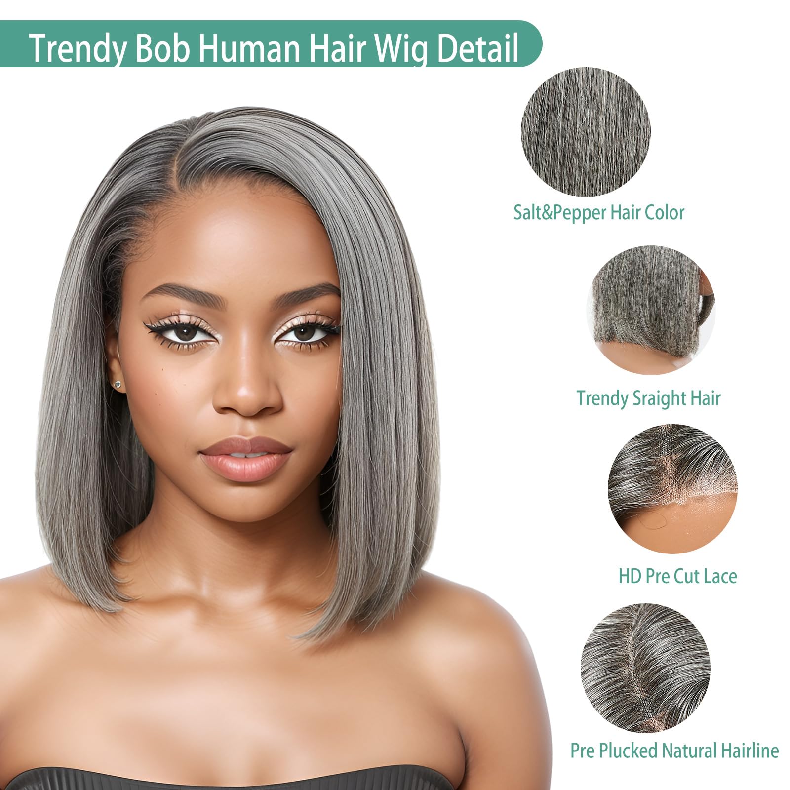 Baohuke 12'' Glueless Salt And Pepper Human Hair Wigs Staight Grey Bob Wig Human Hair 5X5 Closure Grey Hd Lace Front Human Hair