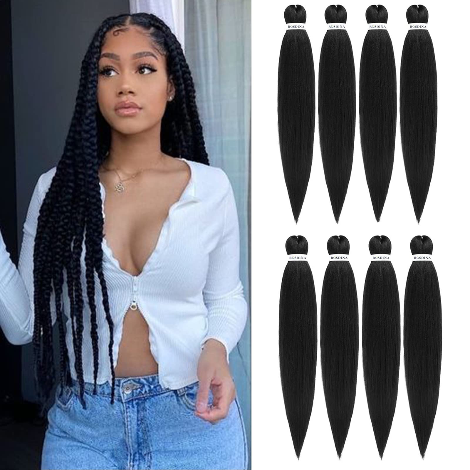 Rosdina Pre-Stretched Braiding Hair - 30 Inch 8 Packs Natural Black Super Long Braiding Hair For Twist Or Box Braids, Yaki Textu