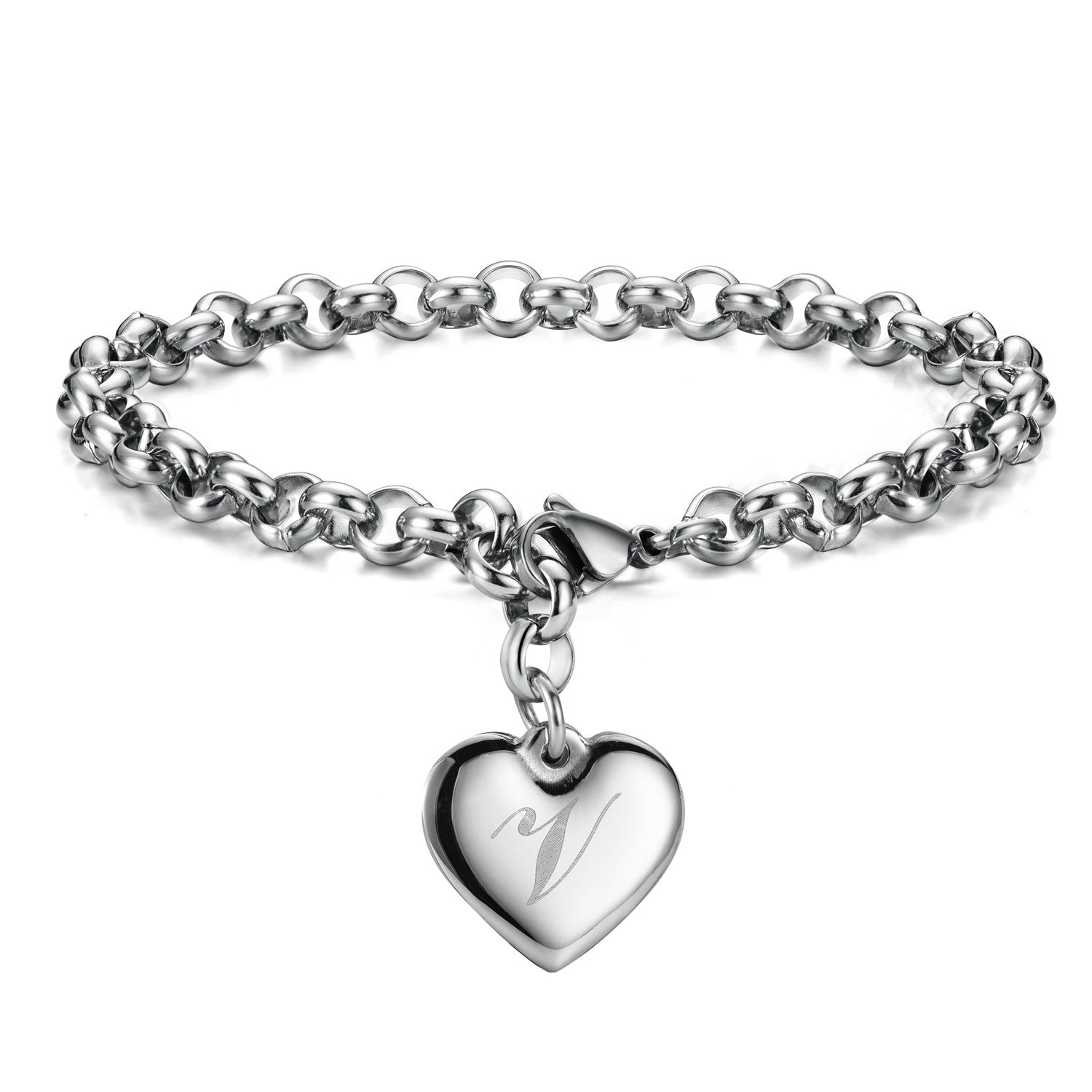 Monily Initial Charm Bracelets for Women Stainless Steel Charm Bracelets for Women Letters V Alphabet Heart Bracelet Jewelry Gif