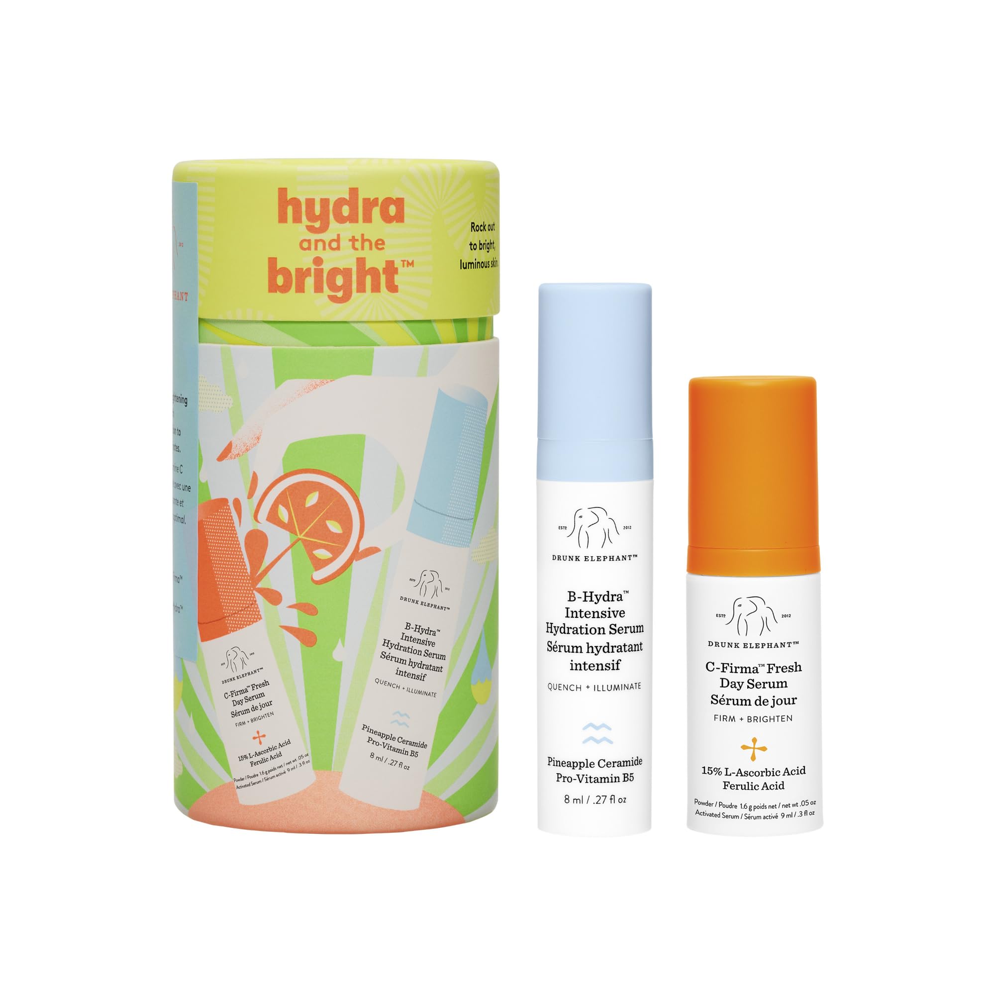 Drunk Elephant Hydra and The Bright - Includes C-Firma Fresh Day Serum (0.3 fl oz) & B-Hydra Intensive Hydration Serum (0.27 fl 