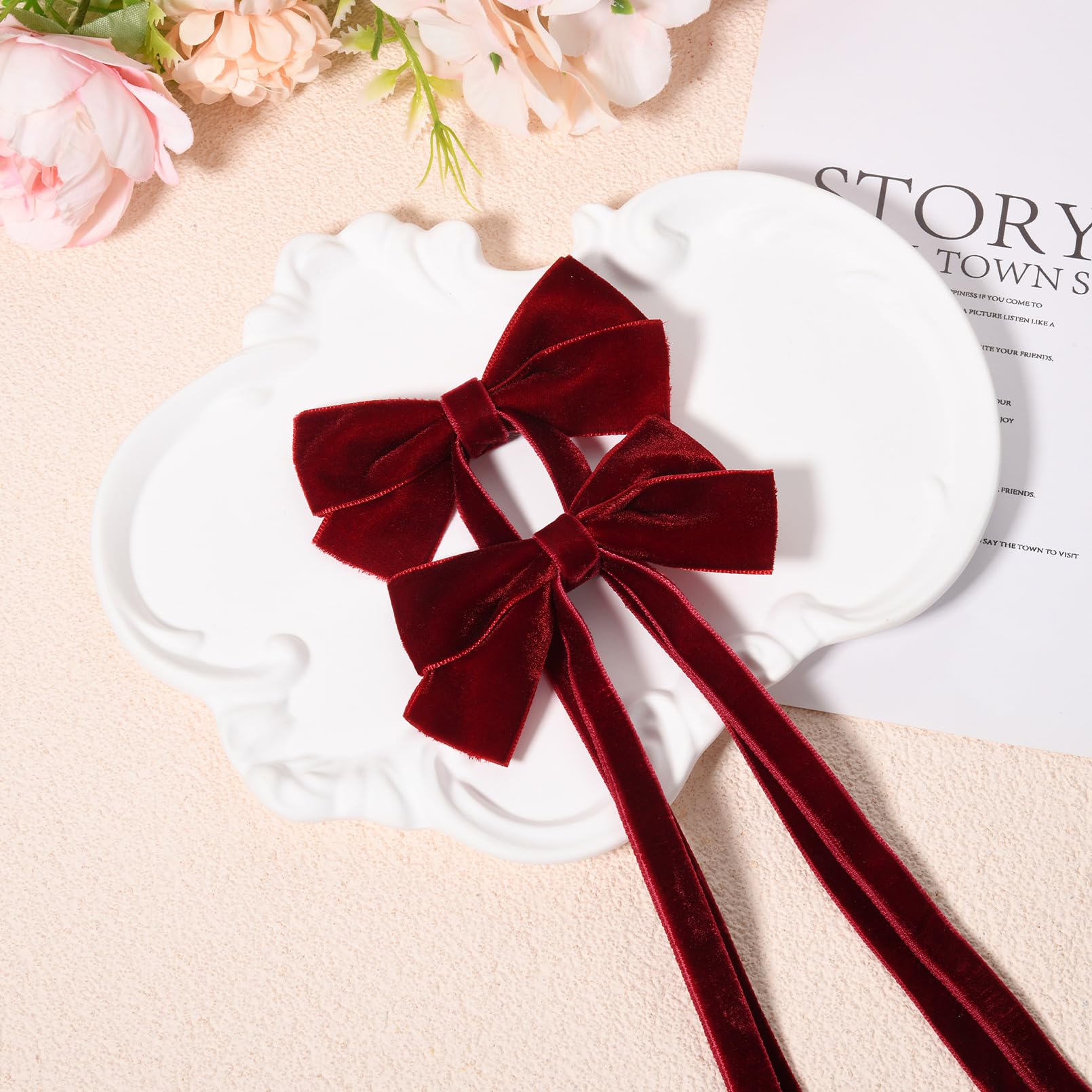 2Pcs Velvet Hair Bows Ribbon Hair Clip Red Ponytail Holder Accessories Slides Metal Clips Hair Bow For Women Girls Toddlers Teen