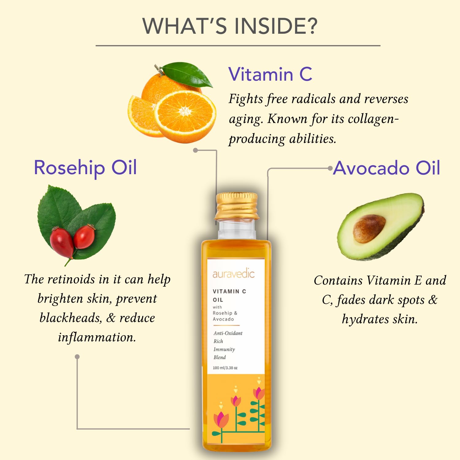 Auravedic Vitamin C Face Oil | with Rosehip, Avocado and Vitamin E | Natural & Organic Skin Moisturizer | Ayurvedic Facial Massa