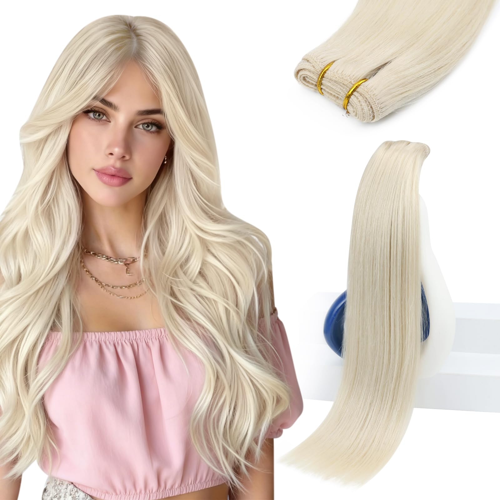 Sunny Hair Sew in Hair Extensions Real Human Hair 120G Double-Wefted Bundles Platinum Blonde Hand-Tied Weft Full Head Remy Hair 