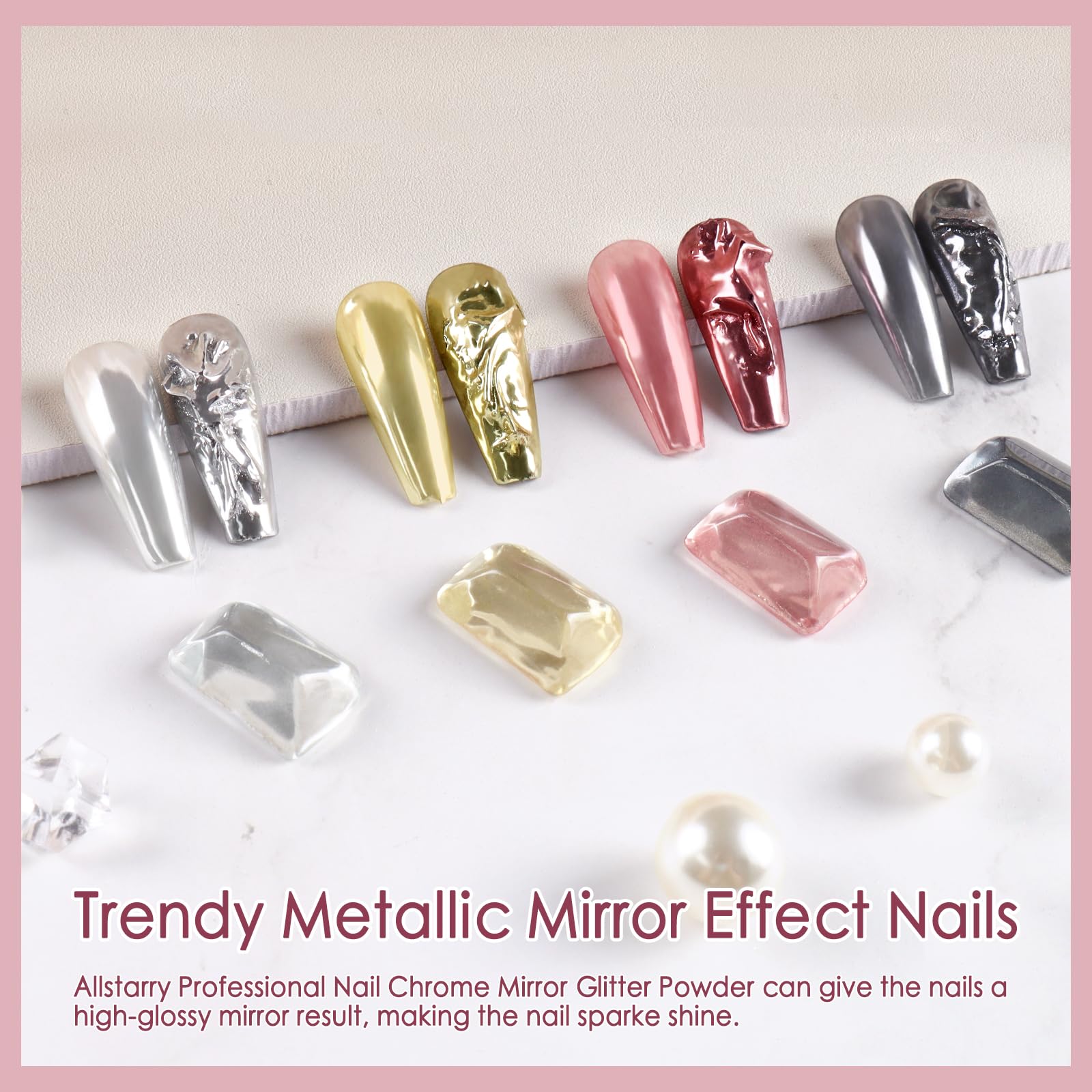 Allstarry Chrome Nail Powder, 4 Colors Metallic Effect Mirror Chrome Powder Pigment Shiny Holographic Manicure Pigment Gold Sive