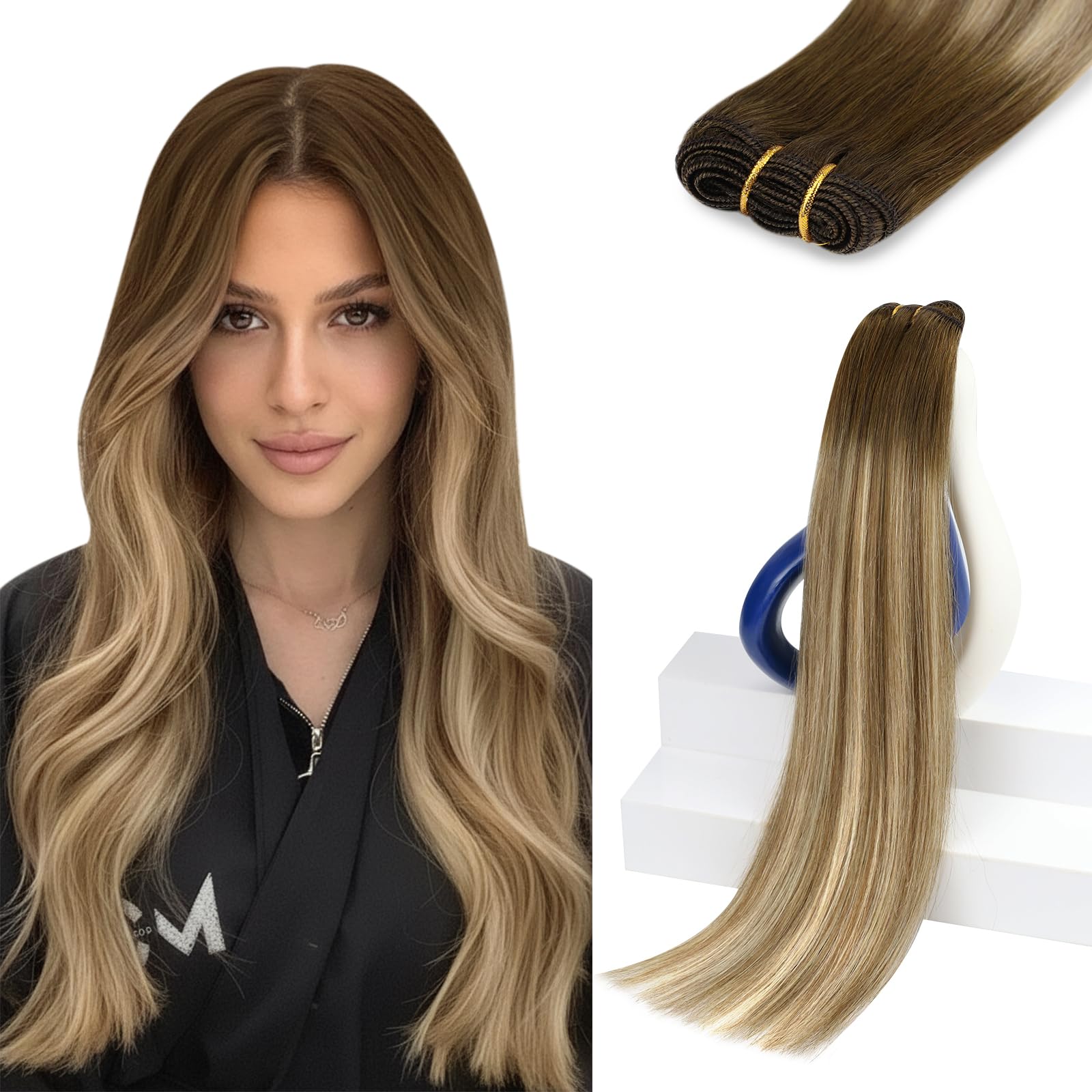 Sunny Hair Sew in Hair Extensions Real Human Hair 22 Inch Double-Wefted Bundles Dark Brown Roots to Cool Brown Balayage Blonde H