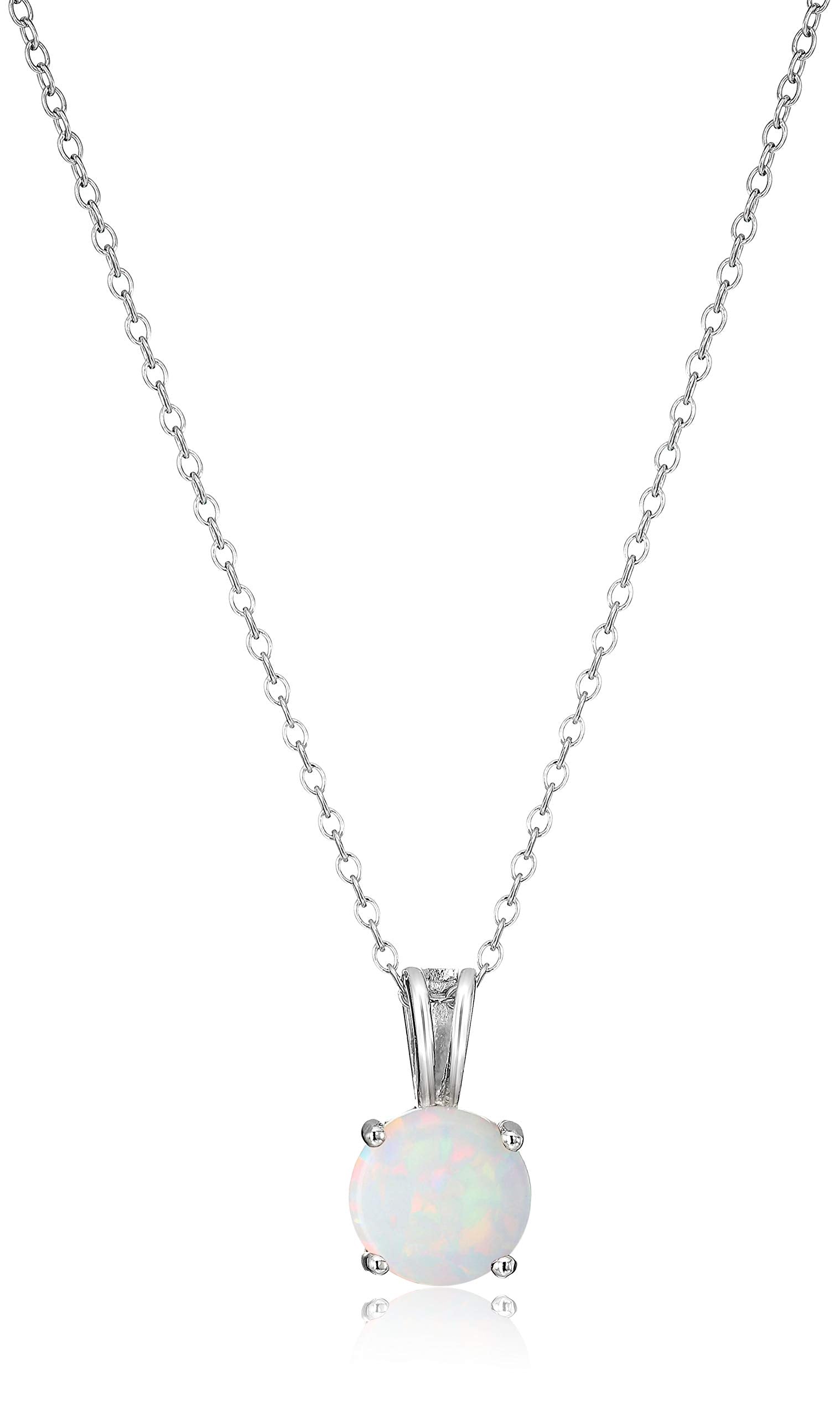 Amazon Essentials womens Sterling Silver Round Cut Created Opal Birthstone Pendant Necklace (October), 18