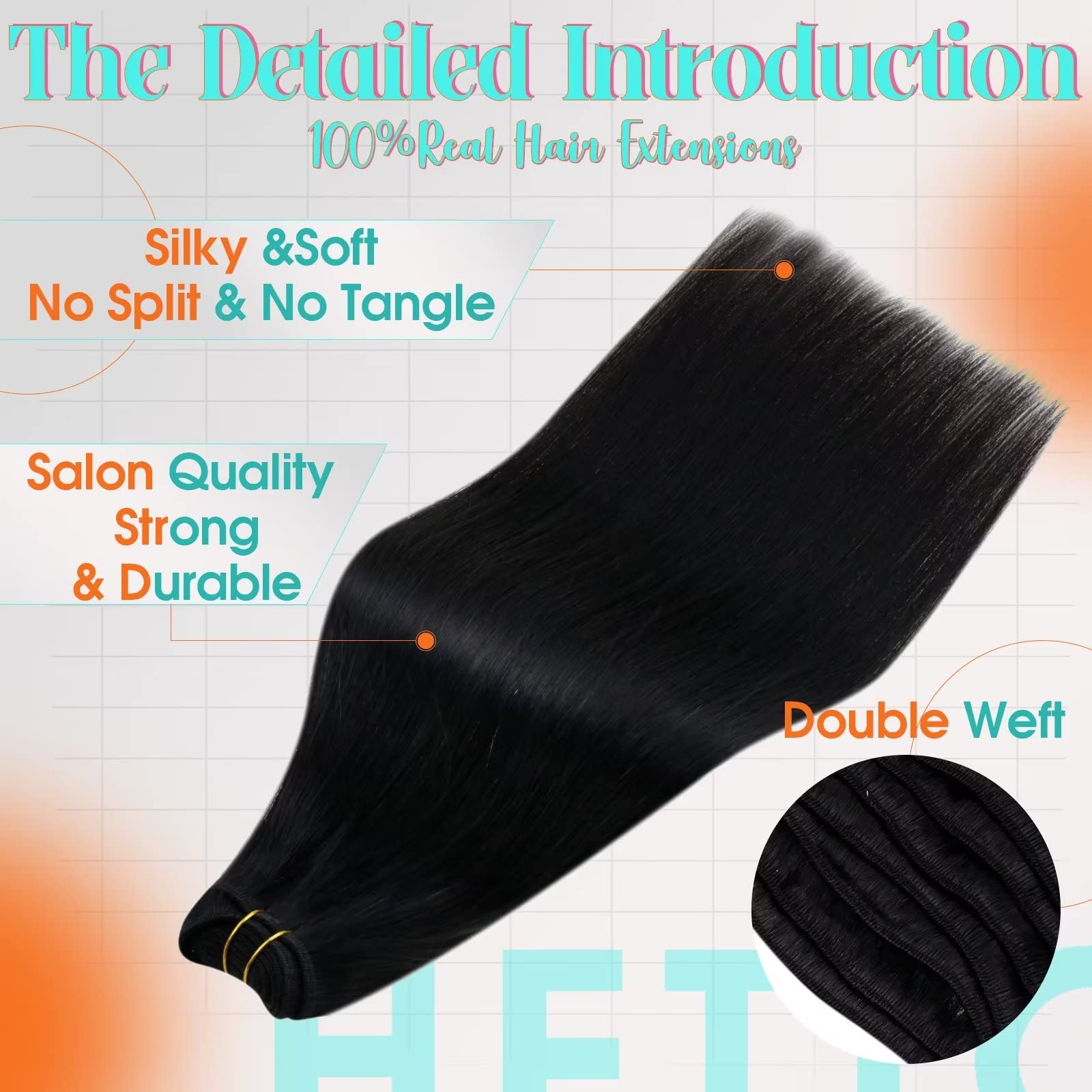 Hetto Black Sew in Weft Human Hair Straight Weft Hair Extensions Human Hair #1 Jet Black Weave Human Hair 20 Inch 100g