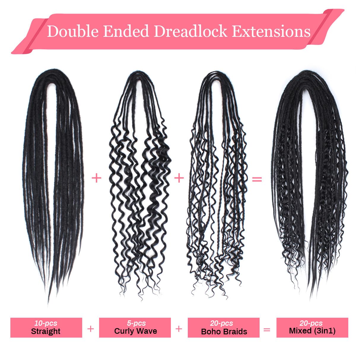 Kraler 24 Inch Mixed De Dreadlock Extensions Sets, 3 In 1 20 Strands Synthetic Double Ended Dreads Extensions, Black Hippie Croc