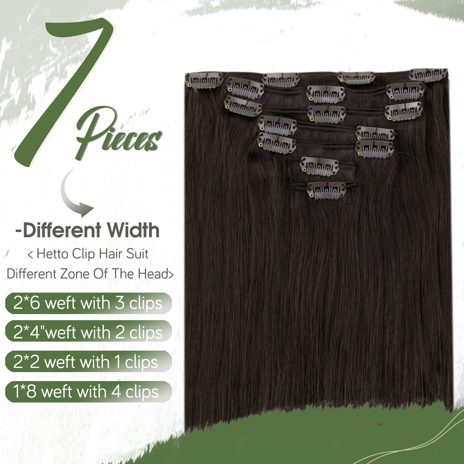 Hetto Clip in Extensions Human Hair #2 Darkest Brown Extensions Clip in Human Hair Straight Clip in Hair Extensions 16 Inch 105g