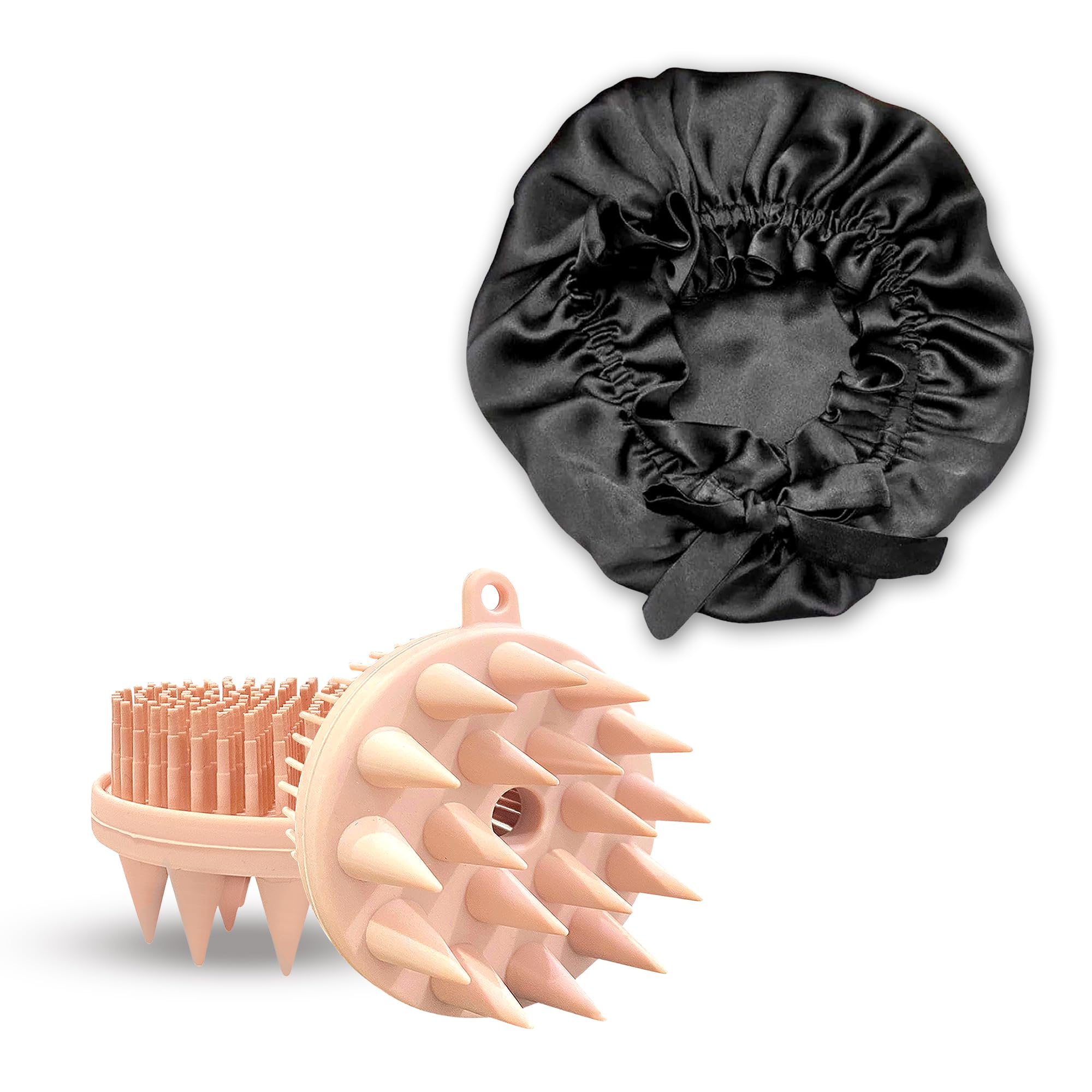 GLUN 2 in 1 Bath Brush and Hair Care Bonnet Cap Combo, Prevents From Breakage Black Satin Bonnet Cap, Curly & Natural Hair with 