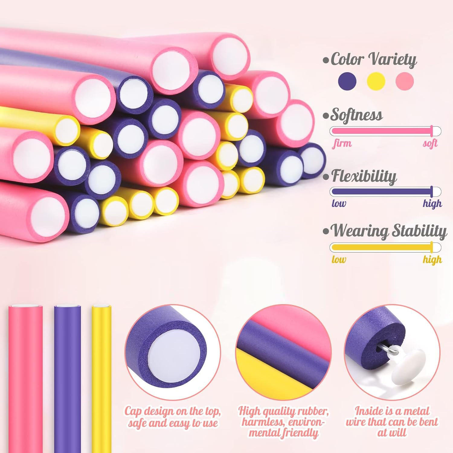30Pcs 9.45'' Flexible Curling Rods No Heat Hair Rollers Curlers With 3 Sizes Foam Curlers Hair Rods For Short And Long Hair