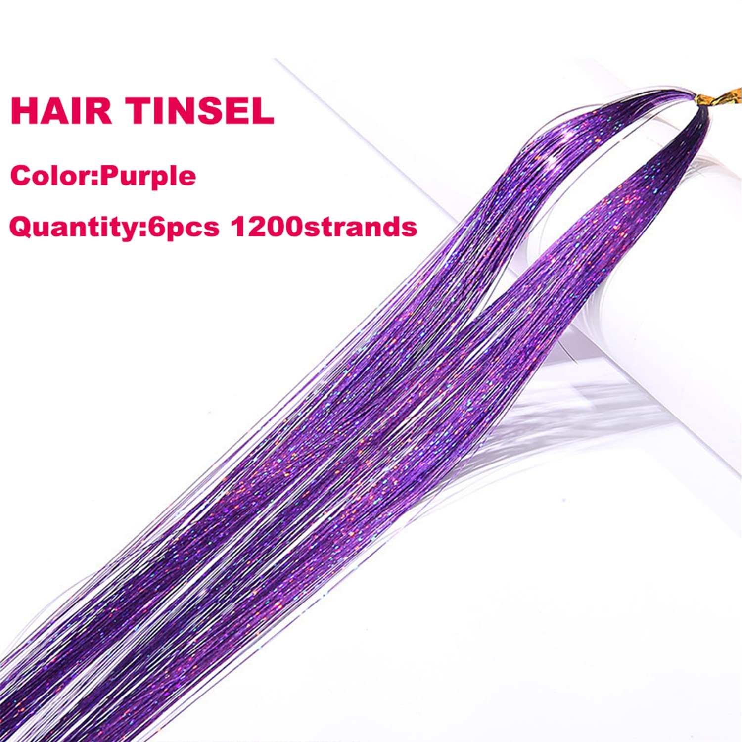 Purple Hair Tinsel Kit With Tool 6Pcs 1200 Strands Glitter Tinsel Hair Extensions Heat Resistant Sparkling Shiny Fairy Hair Acce