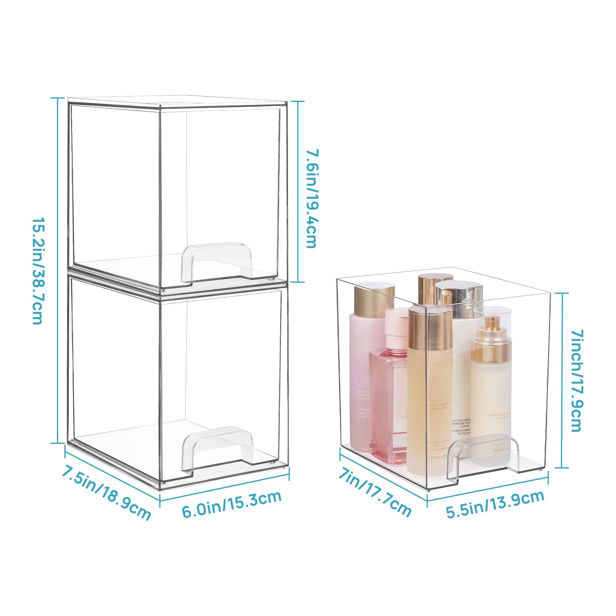 Vtopmart 7.6'' H Clear Stackable Storage Drawers, 2 Pack Plastic Organizers Bins For Skincare, Cosmetics,Beauty Supplies,Ideal F