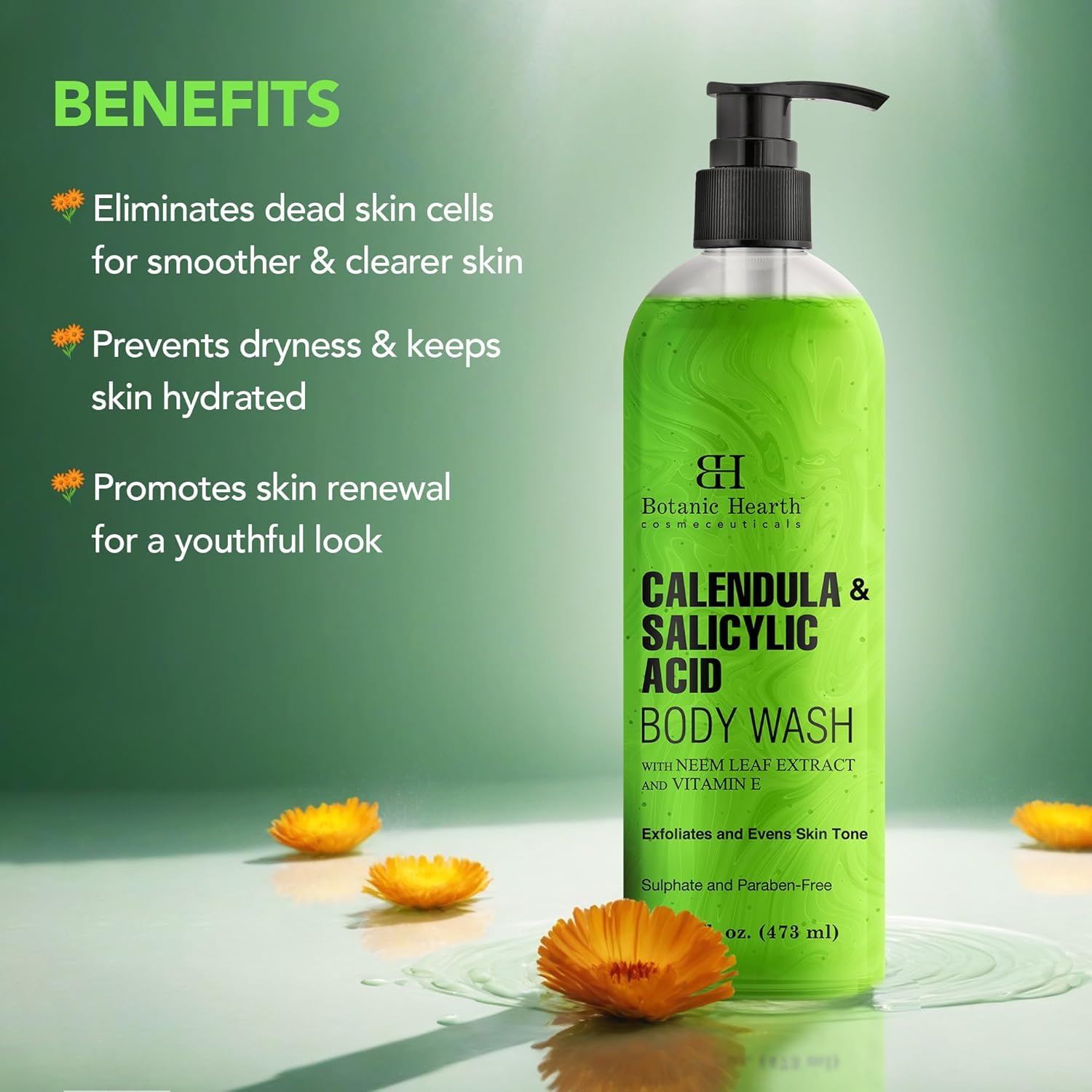 Botanic Hearth Calendula And Salicylic Acid Body Wash 16 Fl Oz | Prevents Acne & Back Acne, Removes Dead Skin, Exfoliating Body