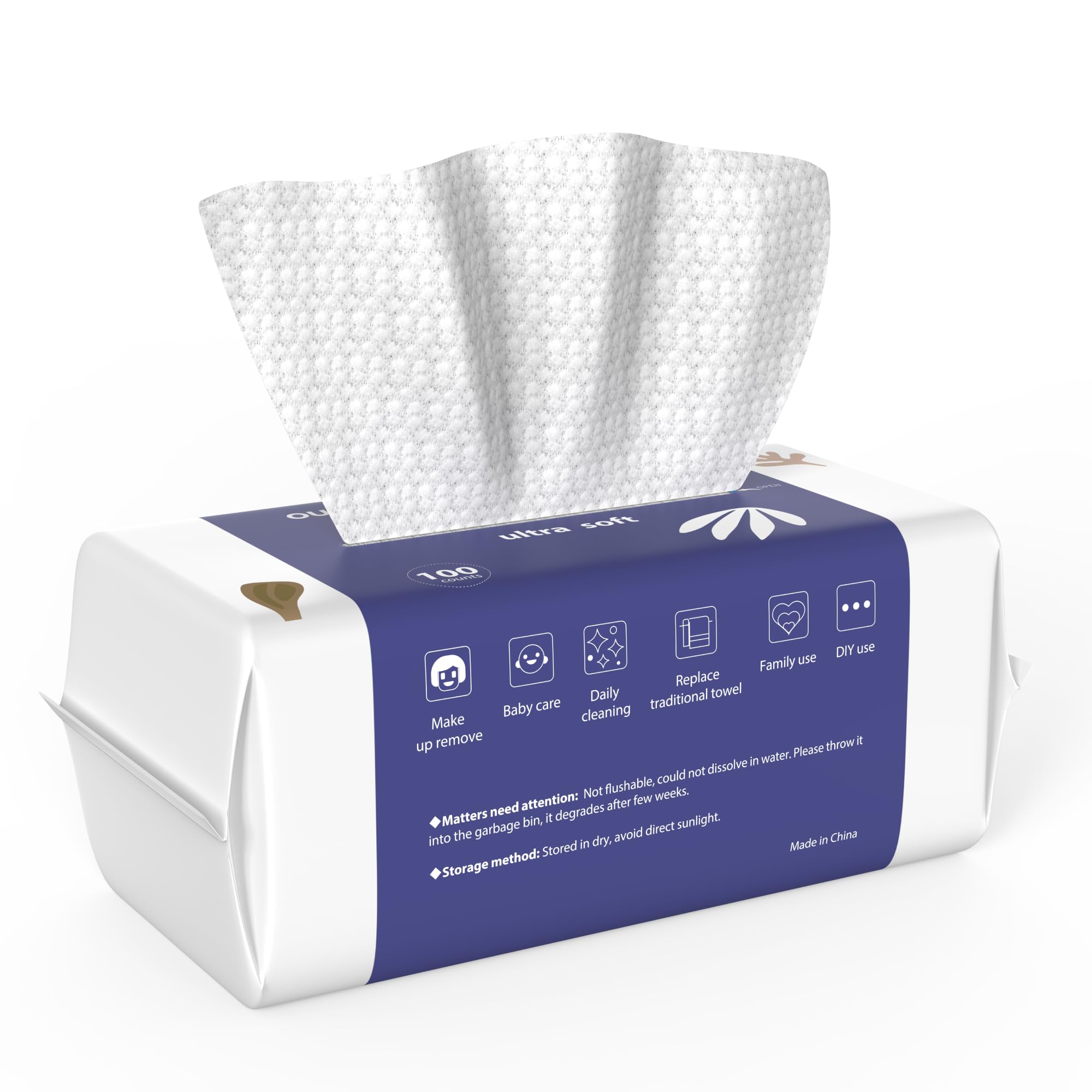 Ourmed Life Face Towels, Disposable Biodegradable Clean Facial Wash Cloth for Sensitive Skin, Lint- free Facial Tissue for Clean