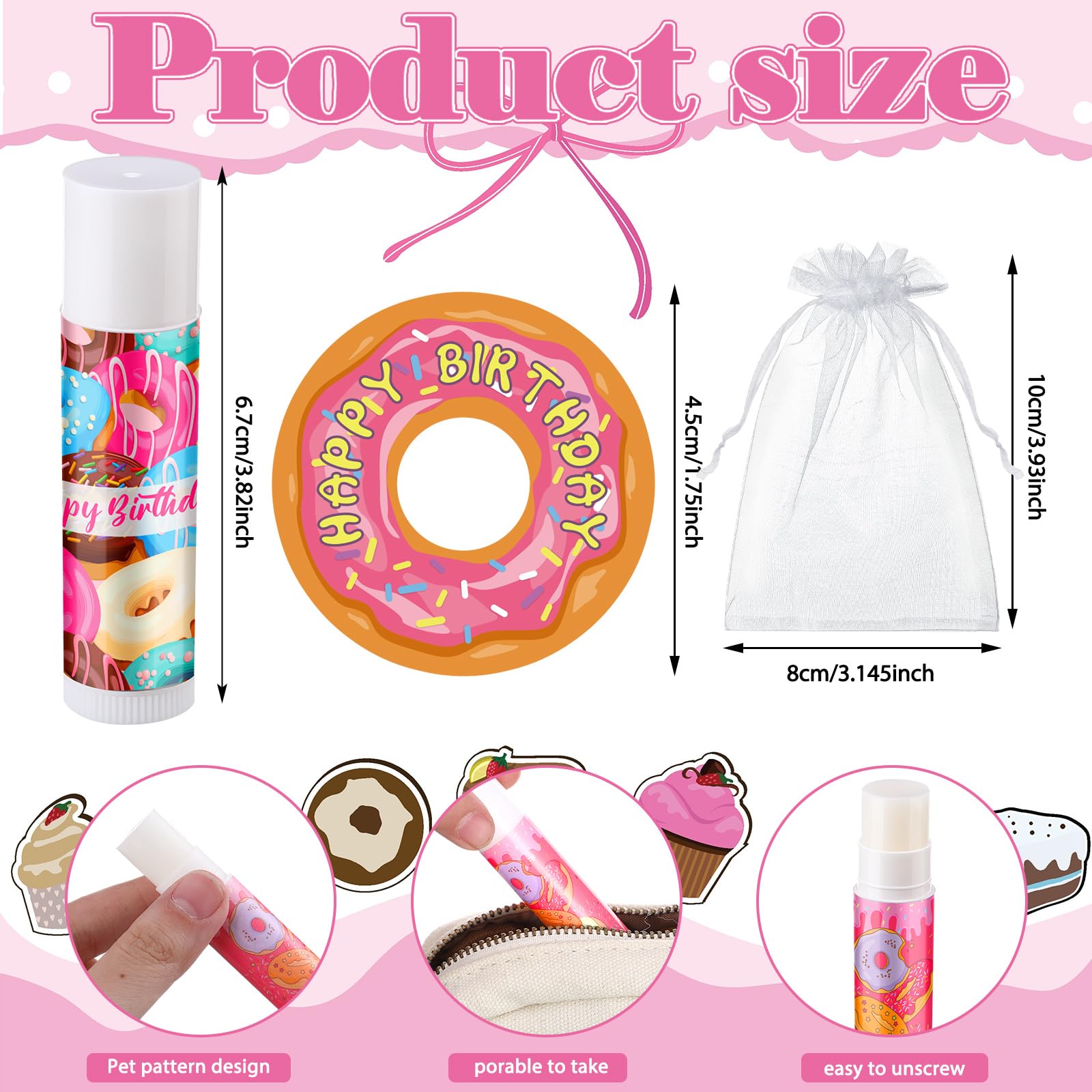 Heigble 36 Sets Donut Happy Birthday Gift Bulk Sweet Doughnut Lip Balm Tag Organza Bag Donut Candy Cake Ice Cream Theme Sweet Bi
