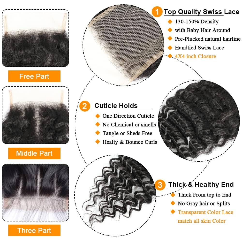 Qthair 14A Grade Brazilian Deep Wave Human Hair Closure 100% Unprocessed Brazilian Virgin Hair Deep Curly Hair (12'', 4X4 Closur