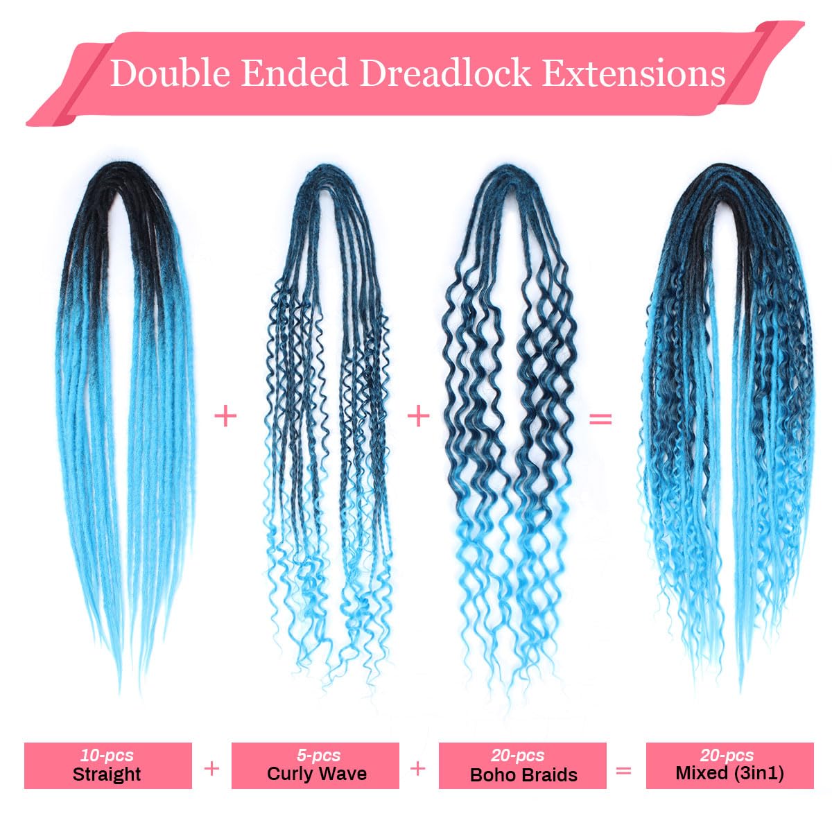 Kraler 24 Inch Mixed De Dreadlock Extensions Sets, 3 In 1 20 Strands Synthetic Double Ended Dreads Extensions, Ombre Blue Hippie