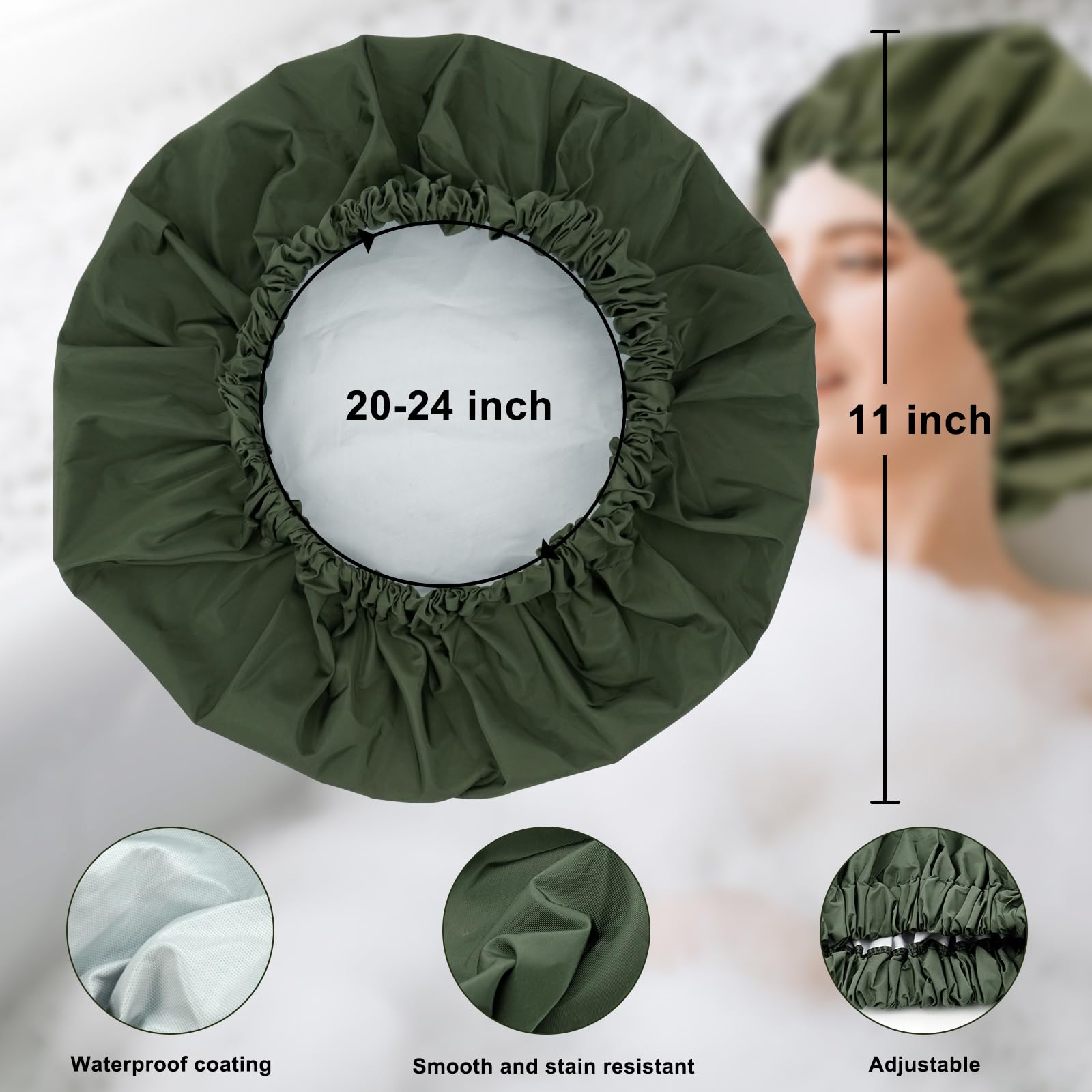Reusable Shower Cap For Women, Large Waterproof Shower Bonnet Washable Elastic Band Bath Hair Hat For Long Hair, Braids(Green)
