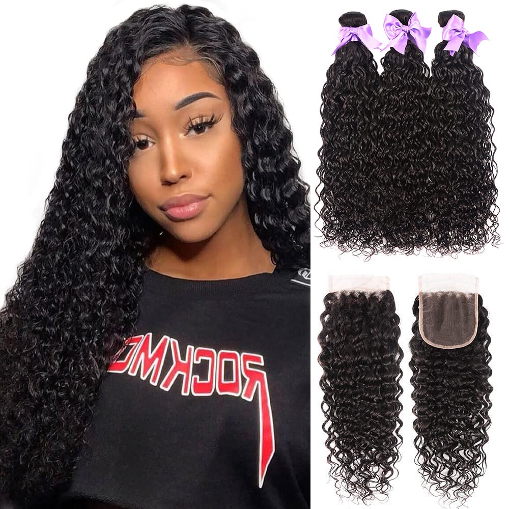 Water Wave Bundles And Closure (24 26 28+20) Brazilian Virgin Hair Water Wave 3 Bundles With Closure Free Part Wet And Wavy Hair