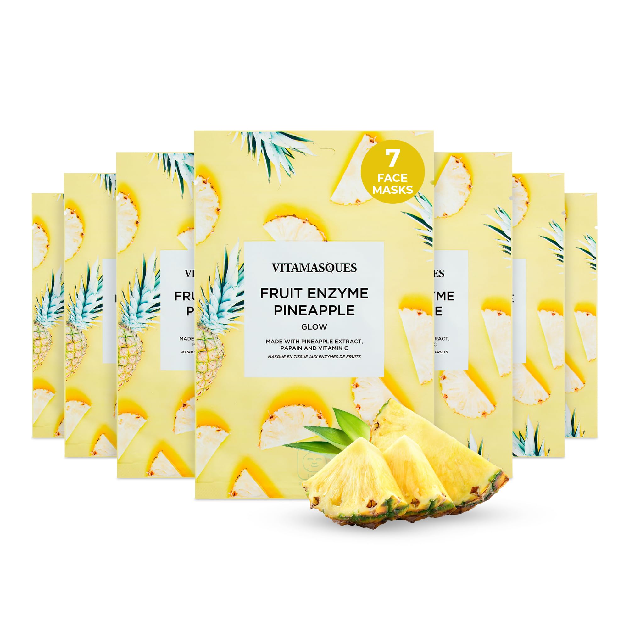 Vitamasques Pineapple Face Sheet Mask 7 Pack - Boost Skins Natural & Dewy Glow with Vitamin C, Hyaluronic Acid, and Pineapple Ex