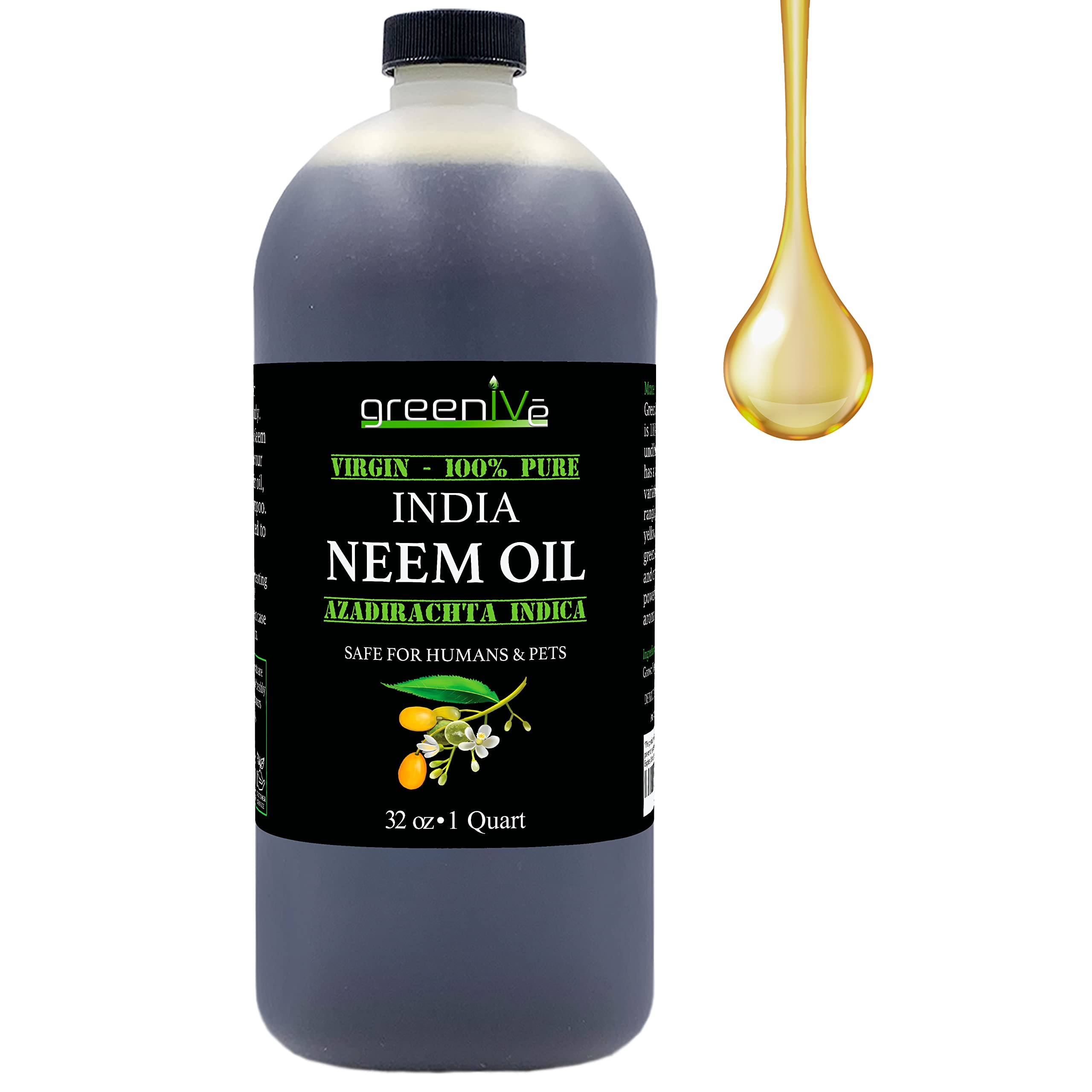 GreenIVe 100% Organically Grown Neem Oil, ColdPressed Virgin, Pure & Natural, 32 oz  Ideal for Gardening, Skin Care, Hair Care